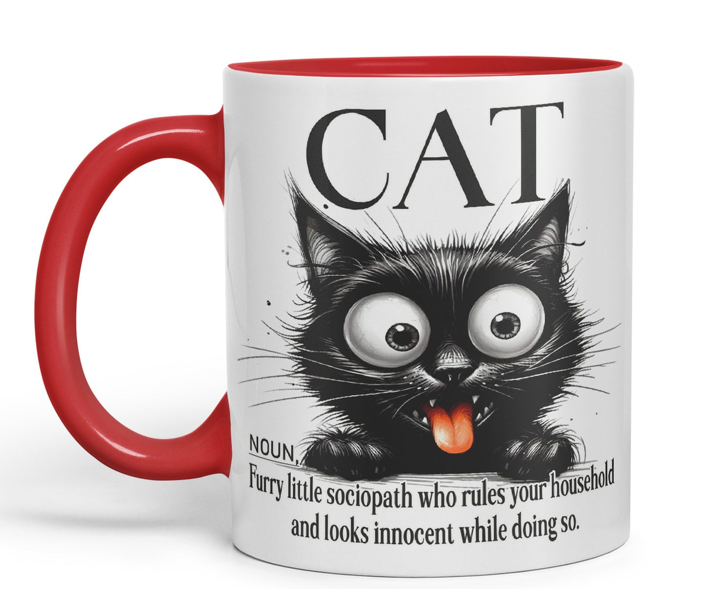Cat Noun, Furry Little sociapath who Rules Your Household and Looks Innocent White Doing so, Joke sarkasm Sarcastic Ceramic Coloured Mug Cup for Tea Coffee Hot Brew 330ml 11Oz Gift