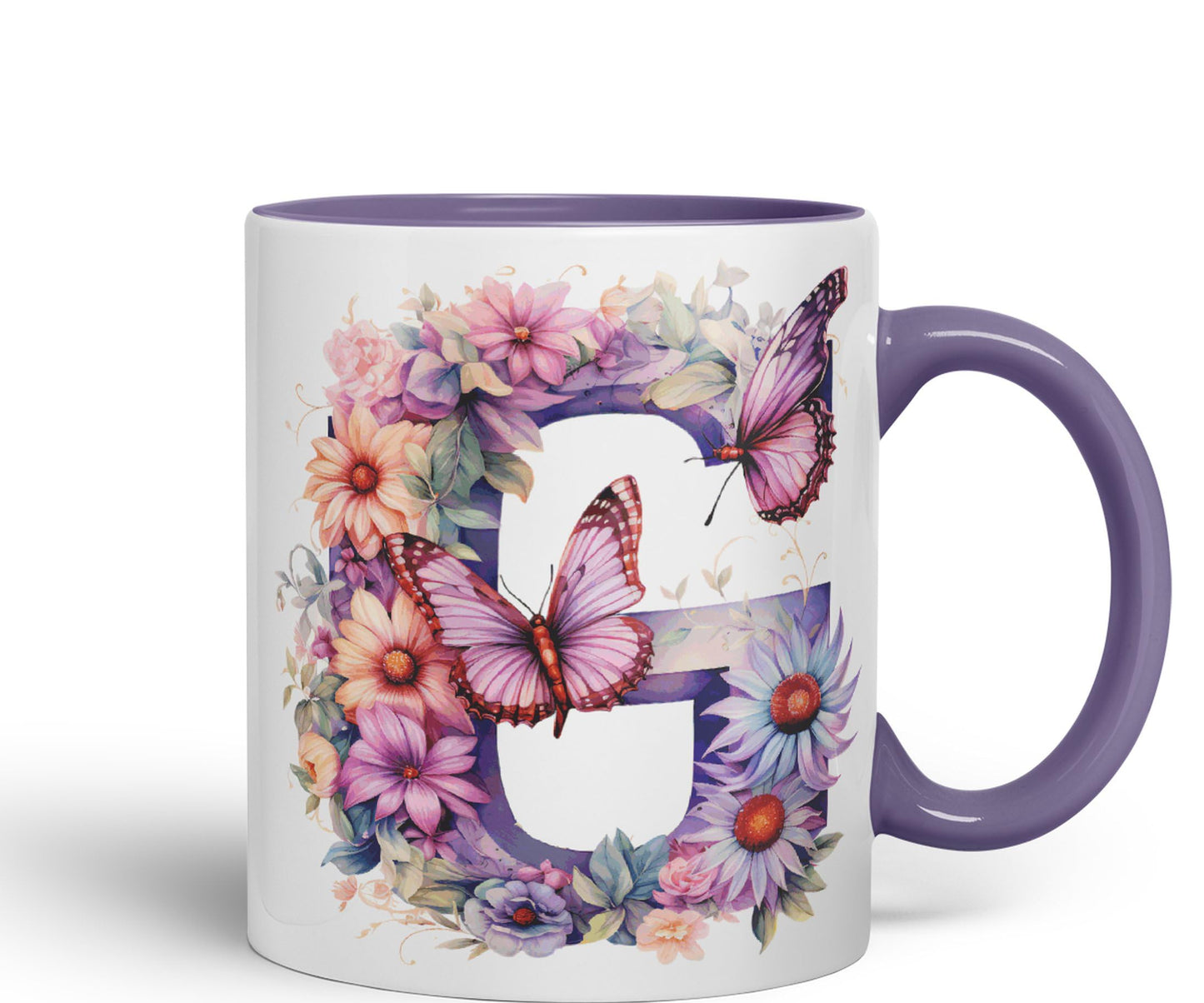 Letter G mug, Floral flowers butterfly Alphabet Letter G Monogram watercolour Ceramic Coloured Mug Cup for Tea Coffee Hot brew 330ml 11Oz Gift