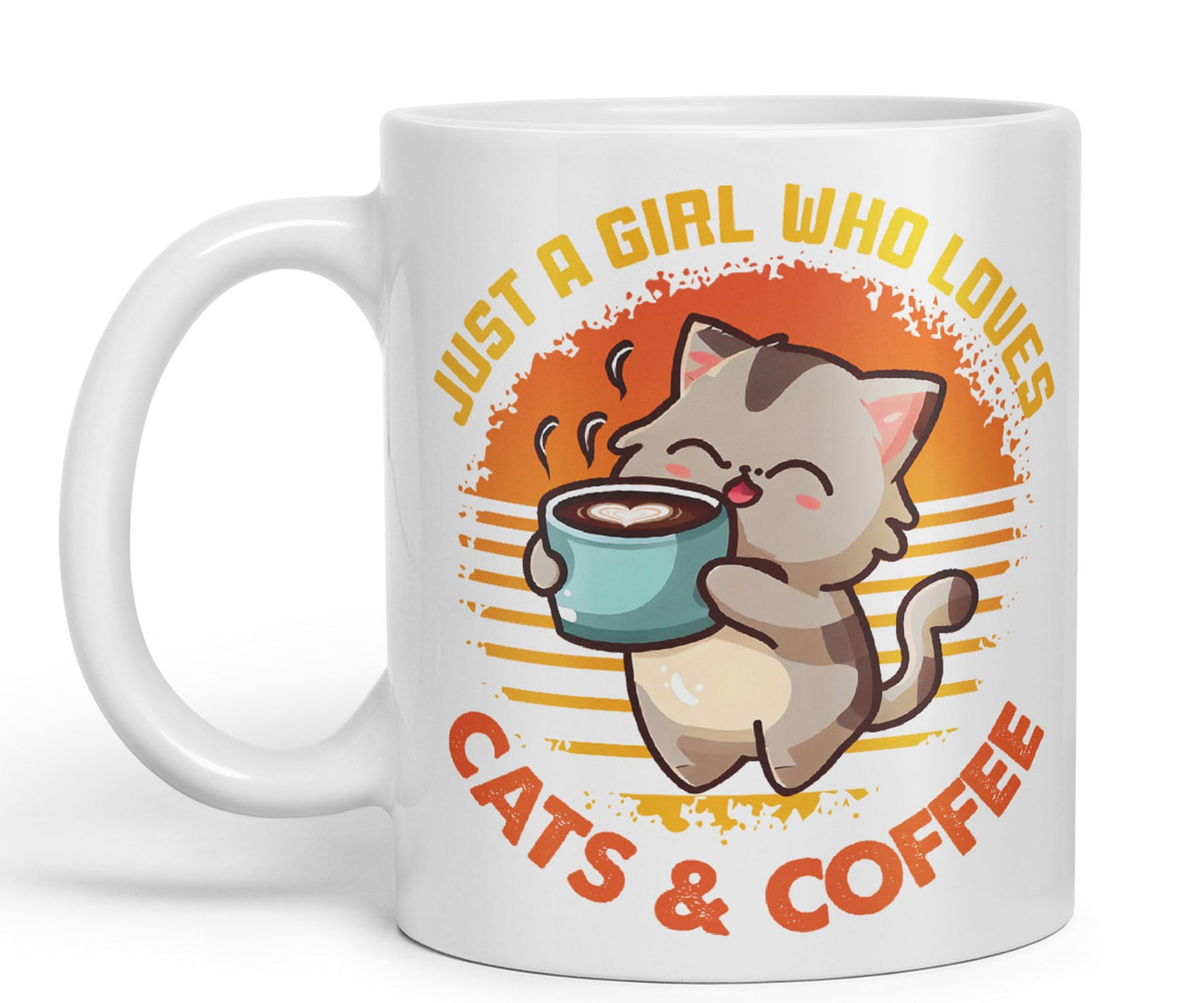 Just a Girl Who Loves Cats & Coffee, cat Sarcastic Joke Ceramic Coloured Mug Cup for Tea Coffee Hot Brew 330ml 11Oz