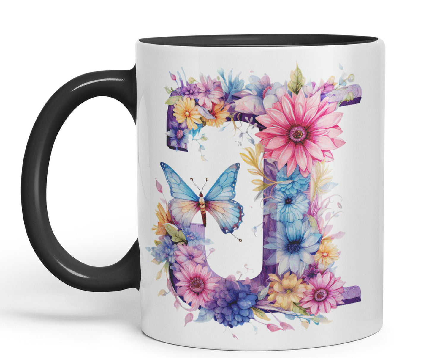 Letter J mug, Floral flowers butterfly Alphabet Letter J Monogram watercolour Ceramic Coloured Mug Cup for Tea Coffee Hot brew 330ml 11Oz Gift