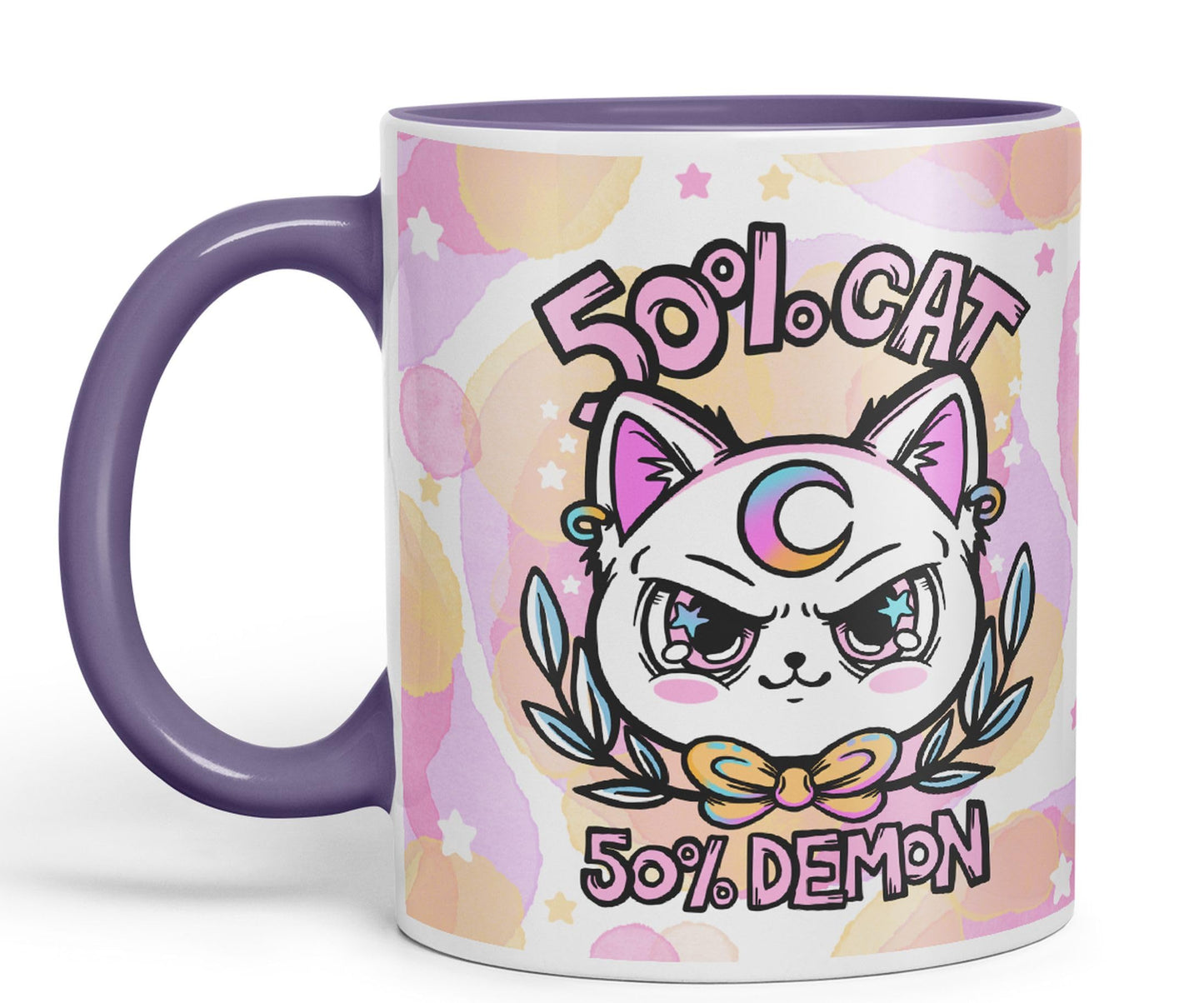 Vixar 50% Cat 50% Demon Cute cat Lovers, Kawaii Joke Coloured Ceramic Mug Cup Gift 330ml 11oz Work Office Tea Coffee