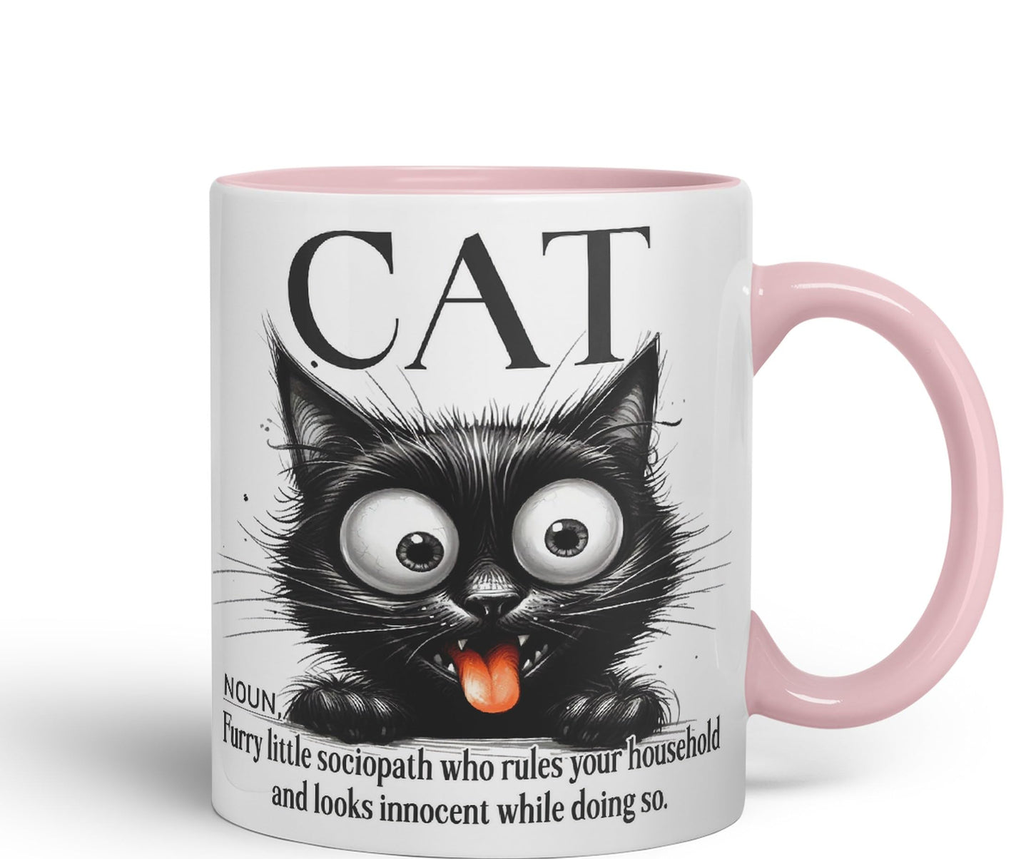 Cat Noun, Furry Little sociapath who Rules Your Household and Looks Innocent White Doing so, Joke sarkasm Sarcastic Ceramic Coloured Mug Cup for Tea Coffee Hot Brew 330ml 11Oz Gift