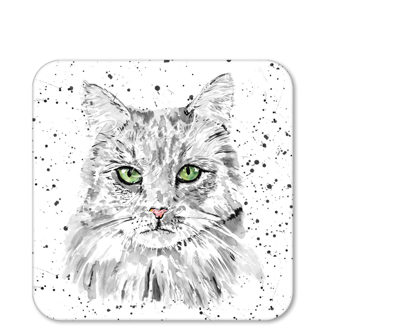 Coaster Cat Black white Green eyes Feline Pet Animals Coasters Watercolour Art Gift Work Office Dining Tea coffee
