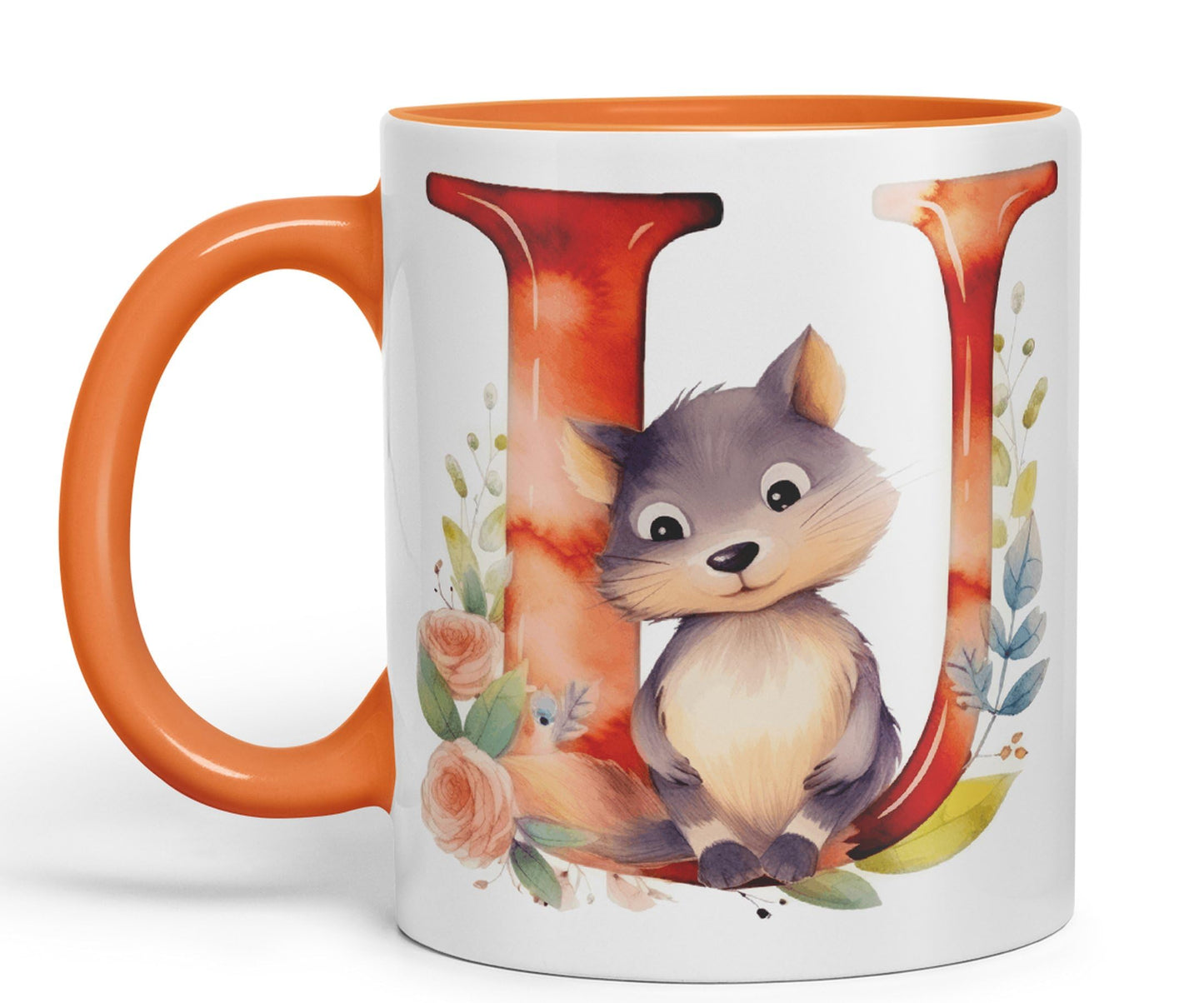 Letter U mug, Animals Alphabet Letter U Monogram animal for kids Ceramic Coloured Mug Cup for Tea Coffee Hot brew 330ml 11Oz Gift