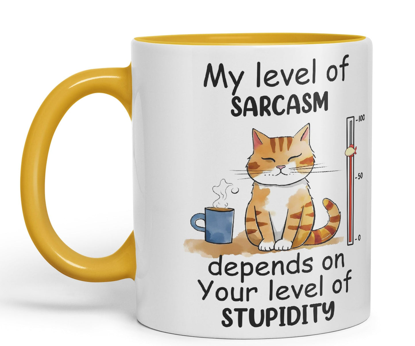 My Level of Sarcasm Depends on Your Level of Stupidity Cat Joke Ceramic Coloured Mug Cup for Tea Coffee Hot Brew 330ml 11Oz