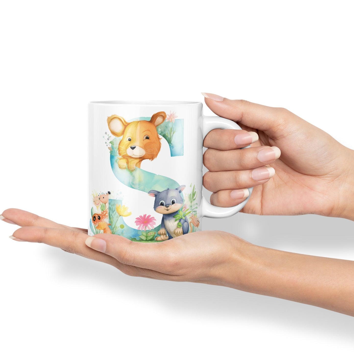 Letter S mug, Animals Alphabet Letter S Monogram animal for kids Ceramic Coloured Mug Cup for Tea Coffee Hot brew 330ml 11Oz Gift