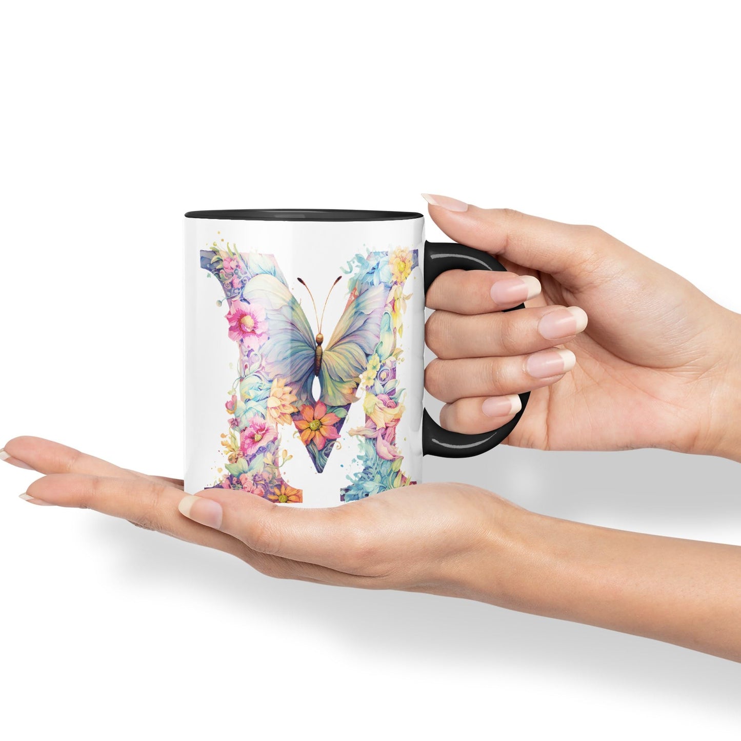 Letter M mug, Floral flowers butterfly Alphabet Letter M Monogram watercolour Ceramic Coloured Mug Cup for Tea Coffee Hot brew 330ml 11Oz Gift