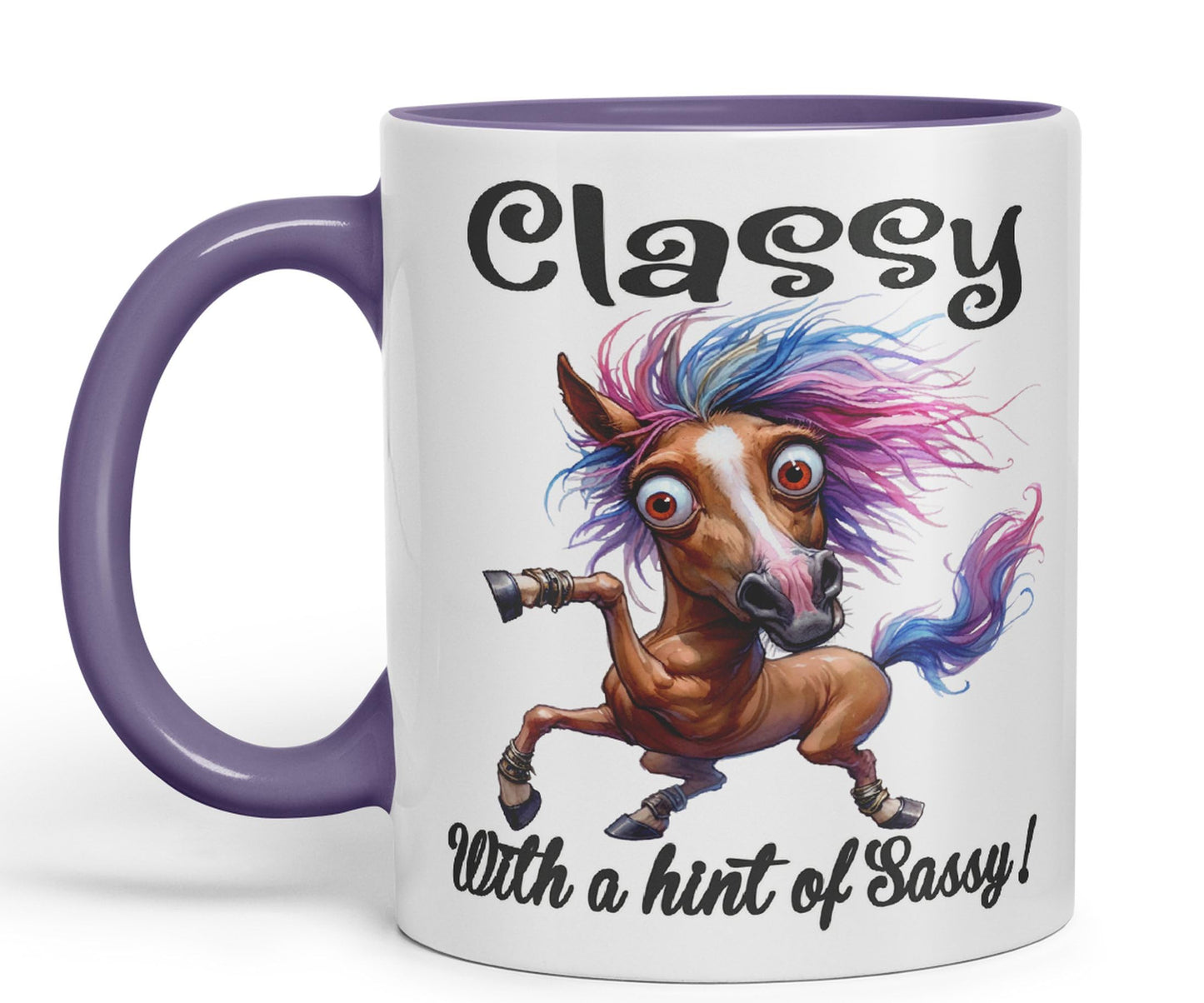 Classy with a hint of Sassy! Horse cat Joke sarkasm Sarcastic Ceramic Coloured Mug Cup for Tea Coffee Hot Brew 330ml 11Oz Gift
