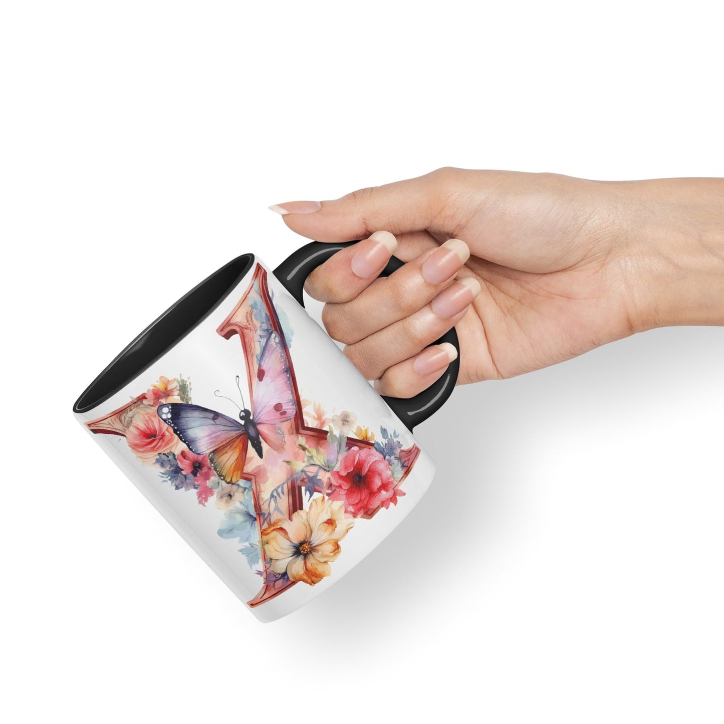 Letter X mug, Floral flowers butterfly Alphabet Letter X Monogram watercolour Ceramic Coloured Mug Cup for Tea Coffee Hot brew 330ml 11Oz Gift
