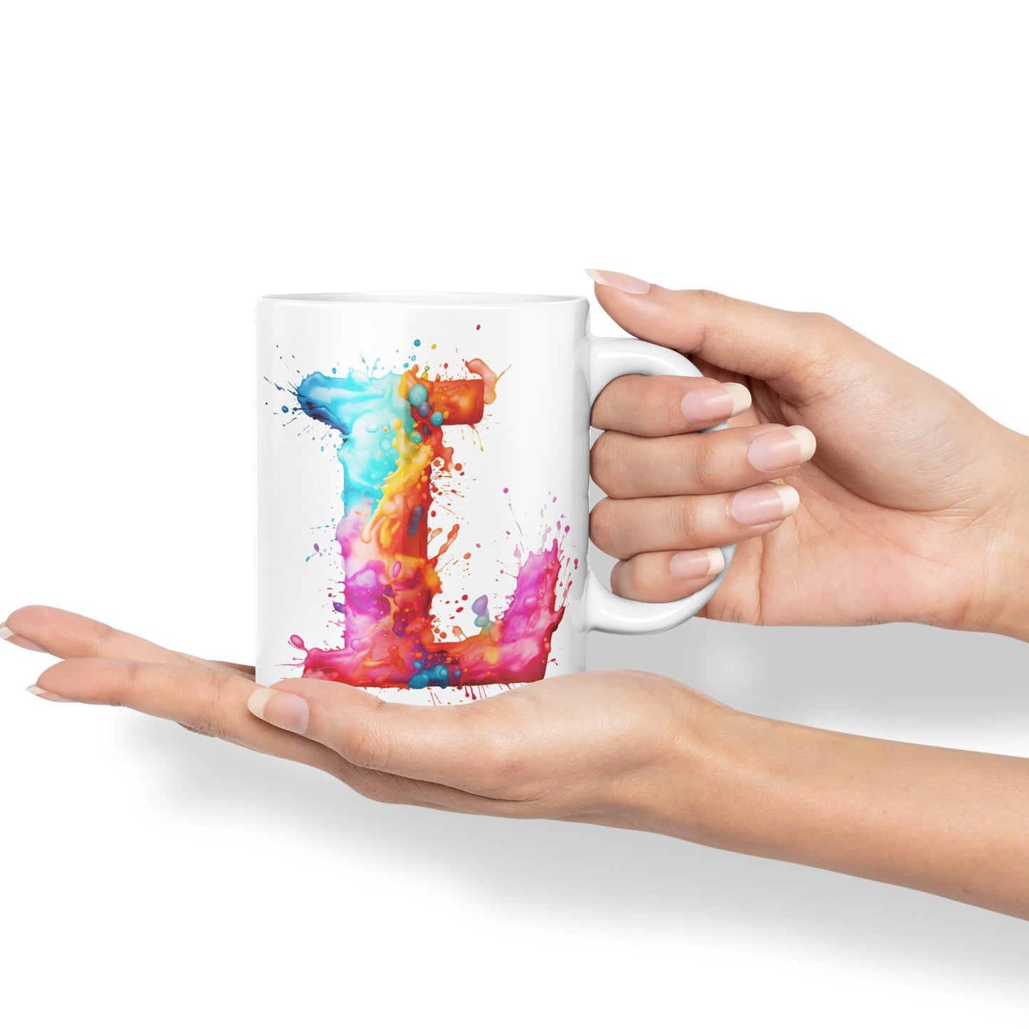 Letter L mug, Alphabet Letter L Monogram watercolour Ceramic Coloured Mug Cup for Tea Coffee Hot brew 330ml 11Oz Gift