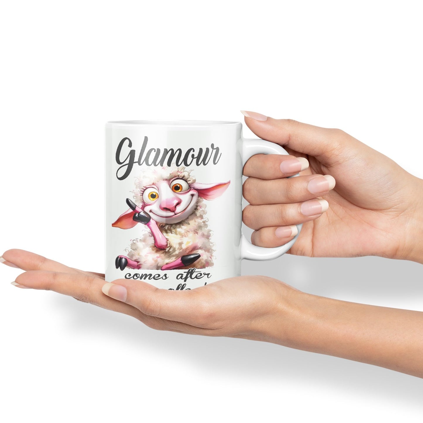 Glamour Comes After My Coffee! Sheep Joke sarkasm Sarcastic Ceramic Coloured Mug Cup for Tea Coffee Hot Brew 330ml 11Oz Gift