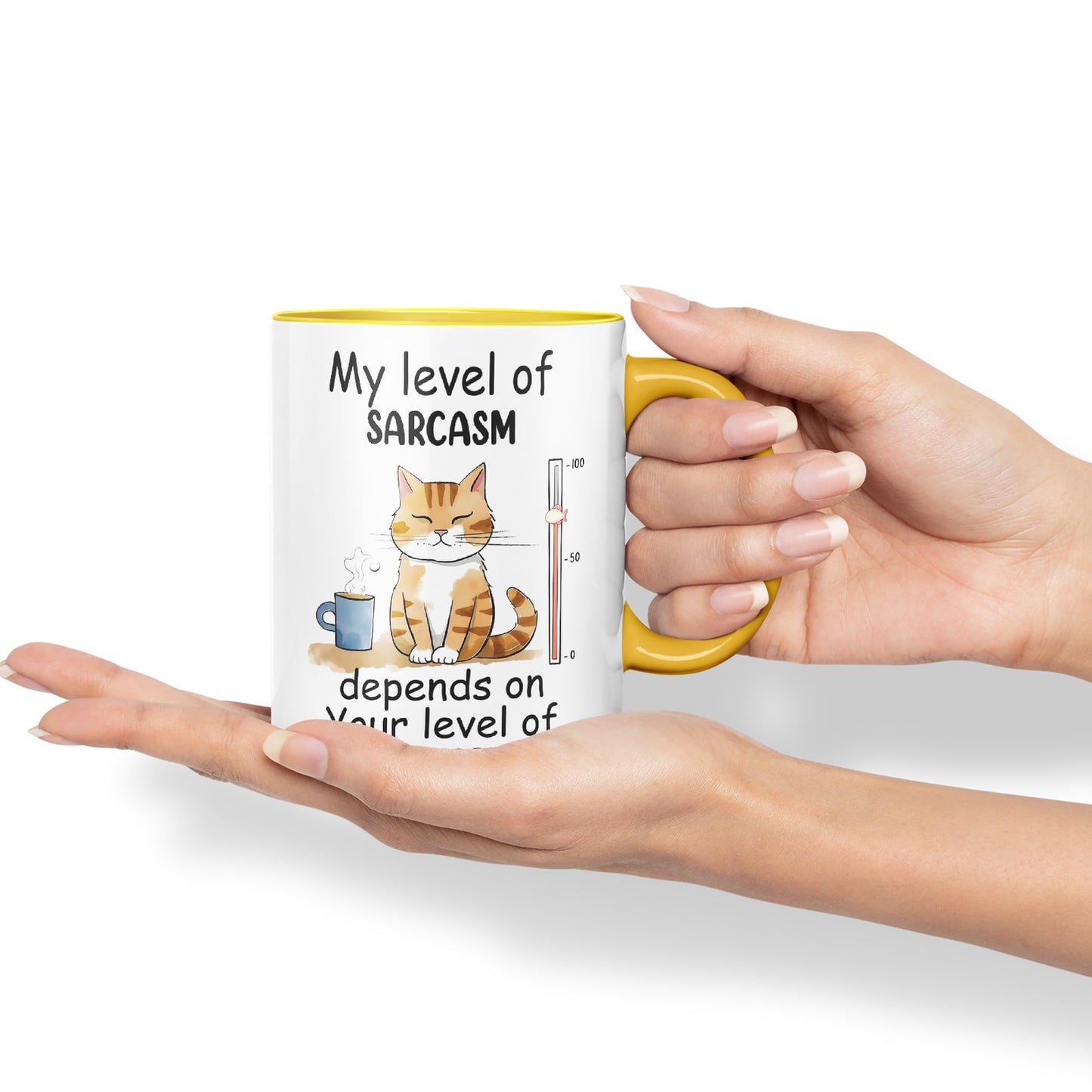 My Level of Sarcasm Depends on Your Level of Stupidity Cat Joke Ceramic Coloured Mug Cup for Tea Coffee Hot Brew 330ml 11Oz