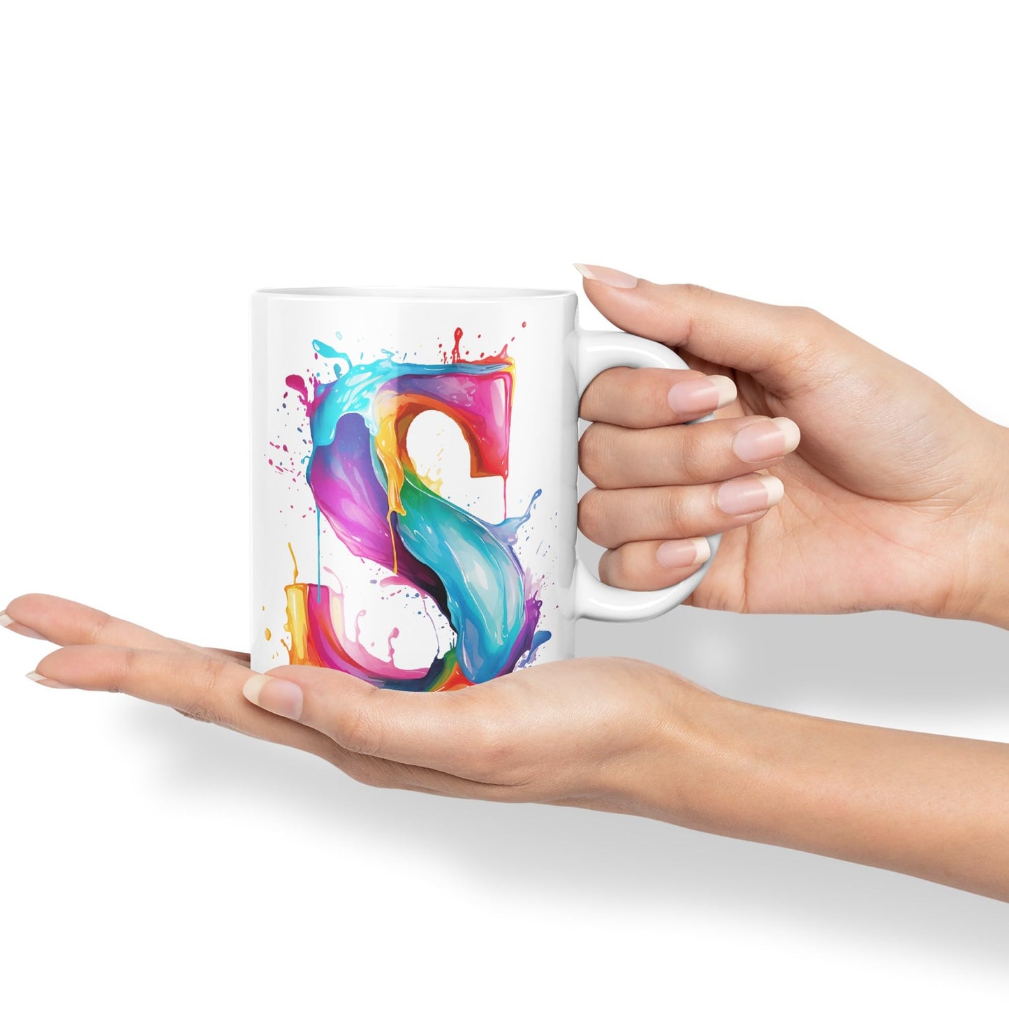 Letter S mug, Alphabet Letter S Monogram watercolour Ceramic Coloured Mug Cup for Tea Coffee Hot brew 330ml 11Oz Gift