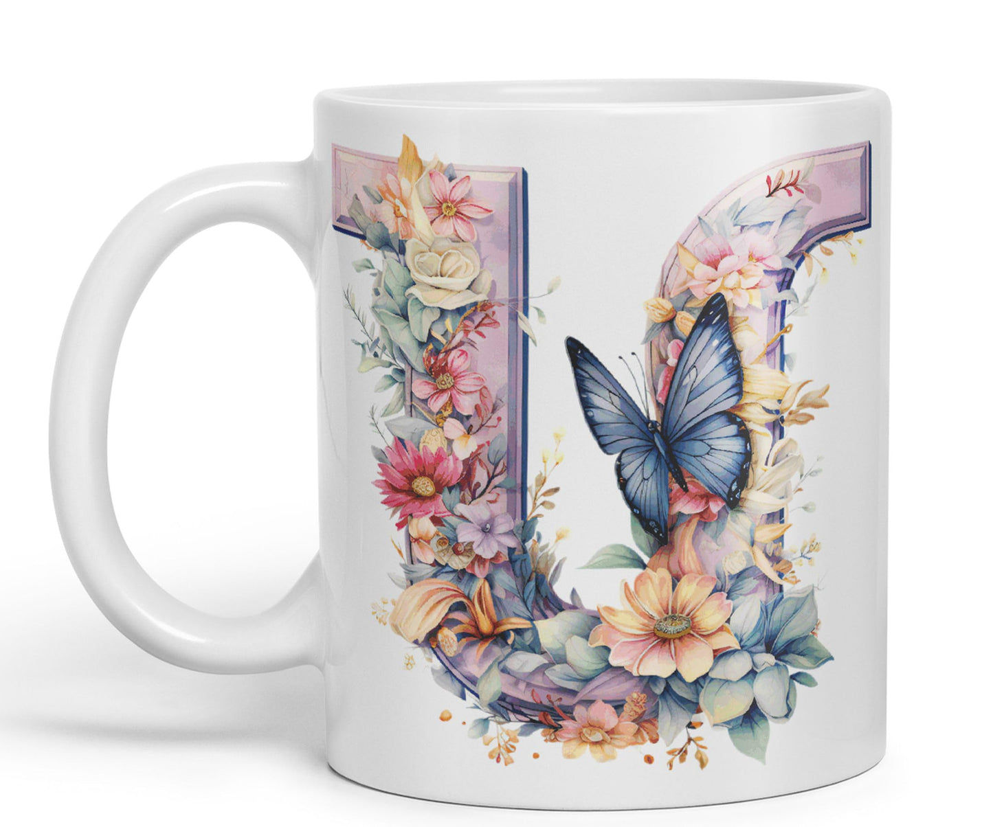 Letter U mug, Floral flowers butterfly Alphabet Letter U Monogram watercolour Ceramic Coloured Mug Cup for Tea Coffee Hot brew 330ml 11Oz Gift
