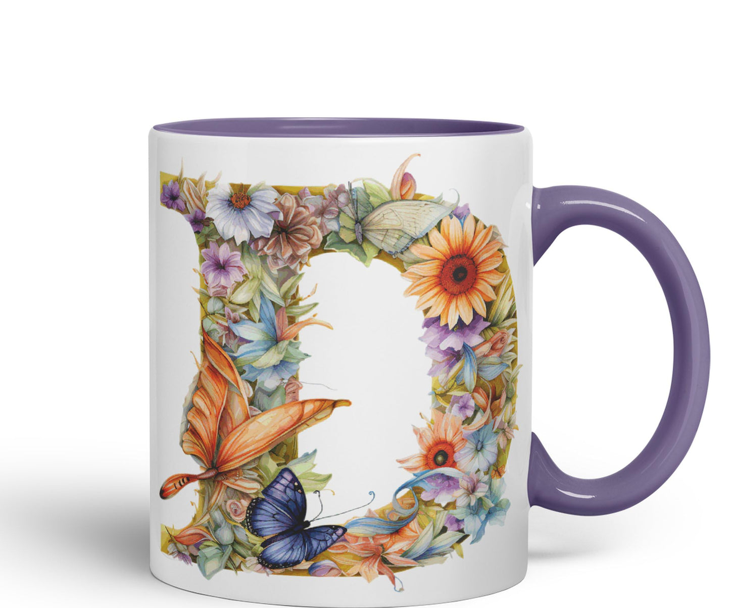 Letter D mug, Floral flowers butterfly Alphabet Letter D Monogram watercolour Ceramic Coloured Mug Cup for Tea Coffee Hot brew 330ml 11Oz Gift