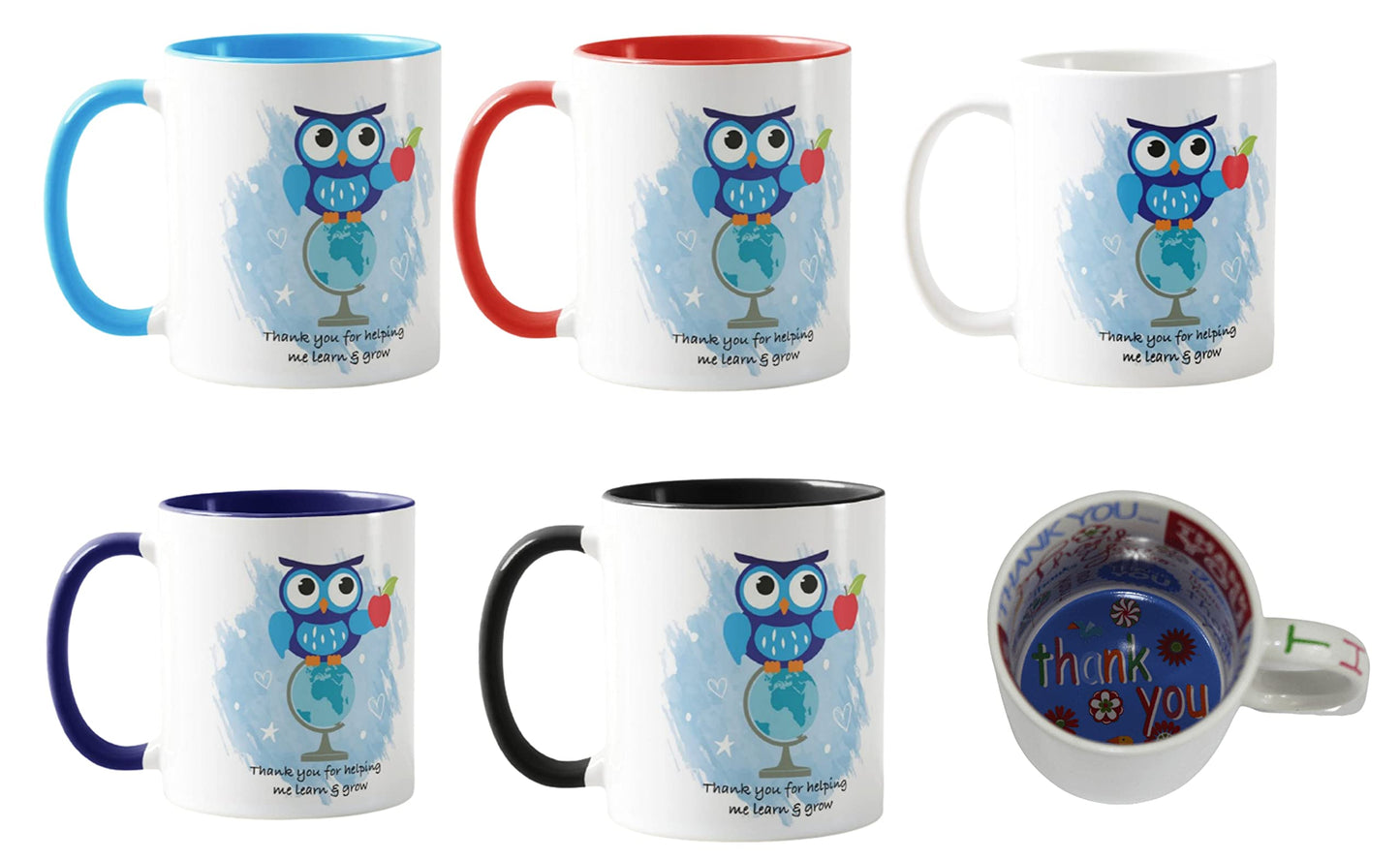 Vixar Teacher Owl Mug, Thank You for Helping me Learn & Grow Teacher Gift from Kids, School Gift, end of Year, Blue Design