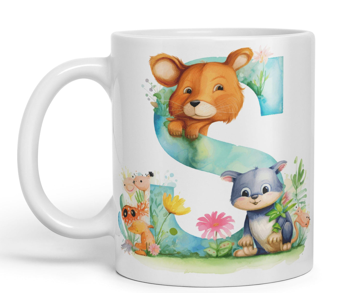 Letter S mug, Animals Alphabet Letter S Monogram animal for kids Ceramic Coloured Mug Cup for Tea Coffee Hot brew 330ml 11Oz Gift
