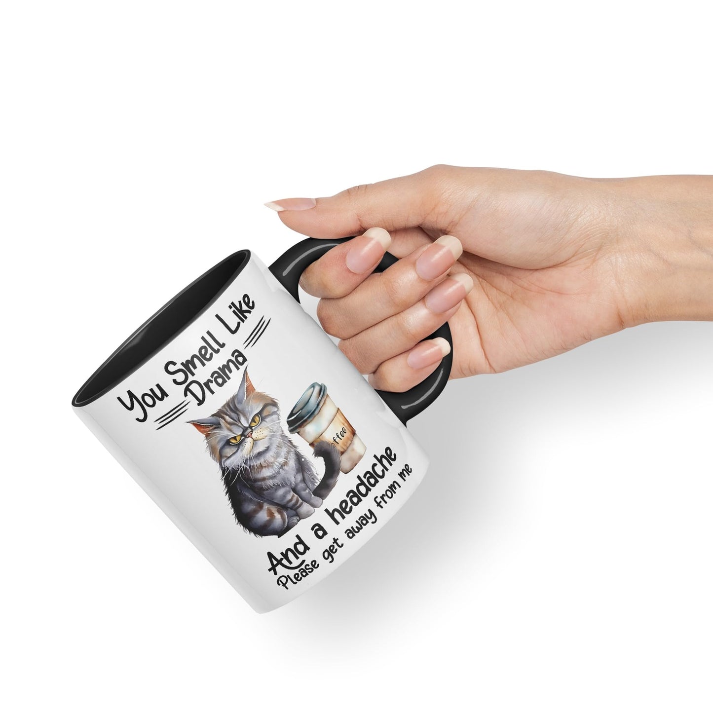 You Smell Like Drama and a Headache Cat Sarcastic Joke Ceramic Coloured Mug Cup for Tea Coffee Hot Brew 330ml 11Oz