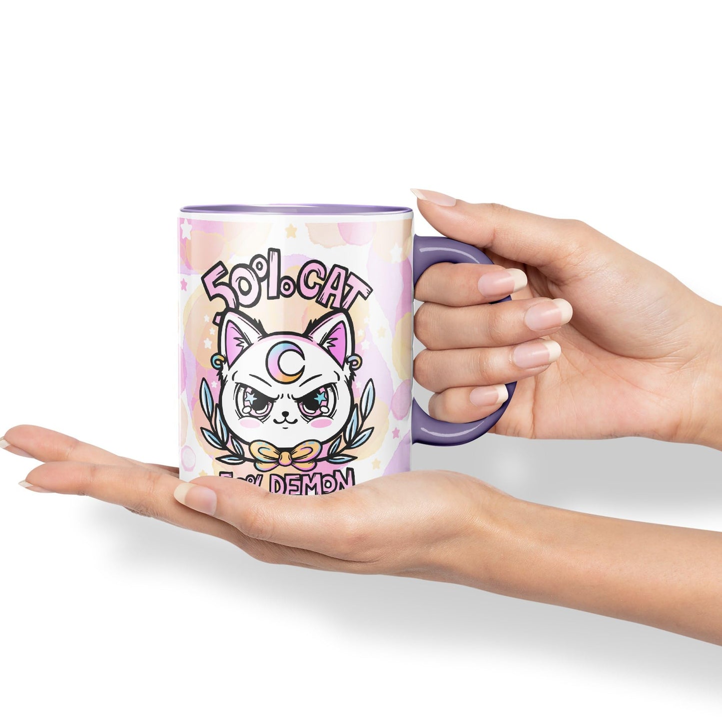 Vixar 50% Cat 50% Demon Cute cat Lovers, Kawaii Joke Coloured Ceramic Mug Cup Gift 330ml 11oz Work Office Tea Coffee