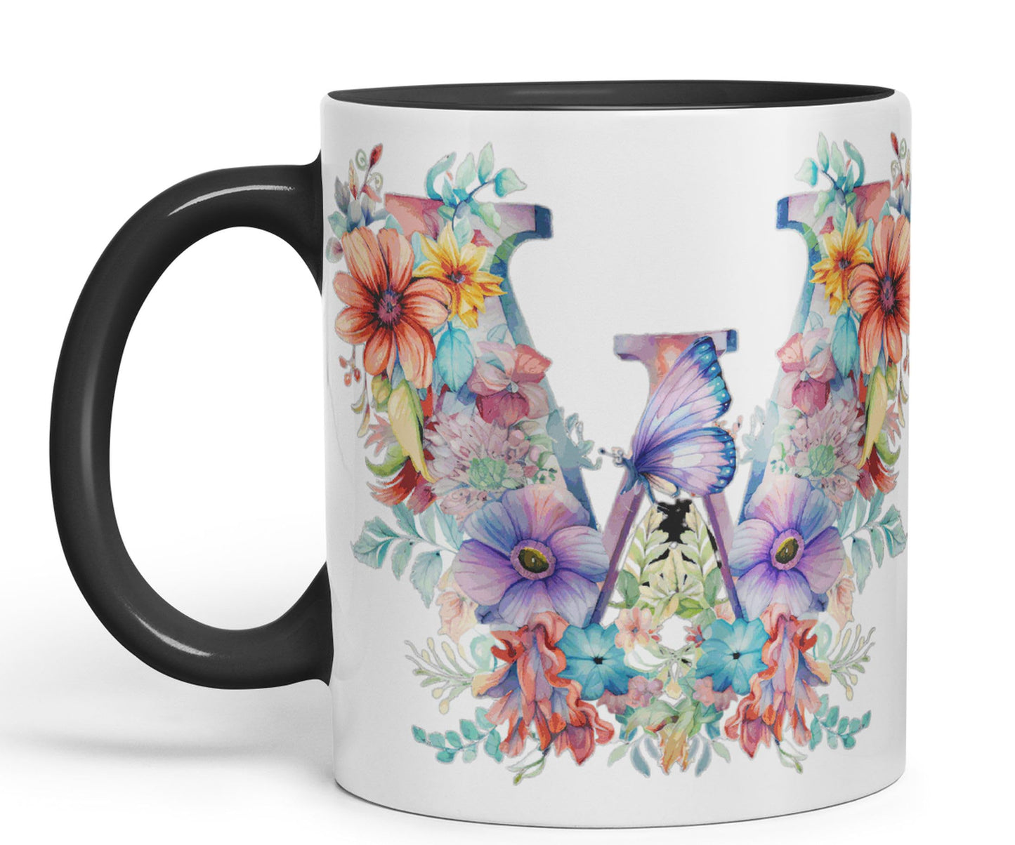 Letter W mug, Floral flowers butterfly Alphabet Letter W Monogram watercolour Ceramic Coloured Mug Cup for Tea Coffee Hot brew 330ml 11Oz