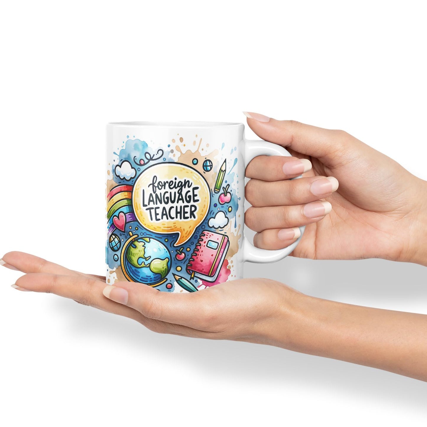 Vixar Foreign Language Teacher Teacher Mug Thank You, End of School Gift Ceramic Coloured Mug Cup for Tea Coffee Hot Brew 330ml 11Oz Gift