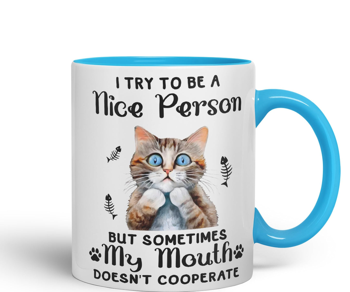 Vixar I Try to be a Nice Person but Sometimes My Mouth .. Cats Sarcastic Joke Ceramic Coloured Mug Cup for Tea Coffee Hot Brew 330ml 11Oz