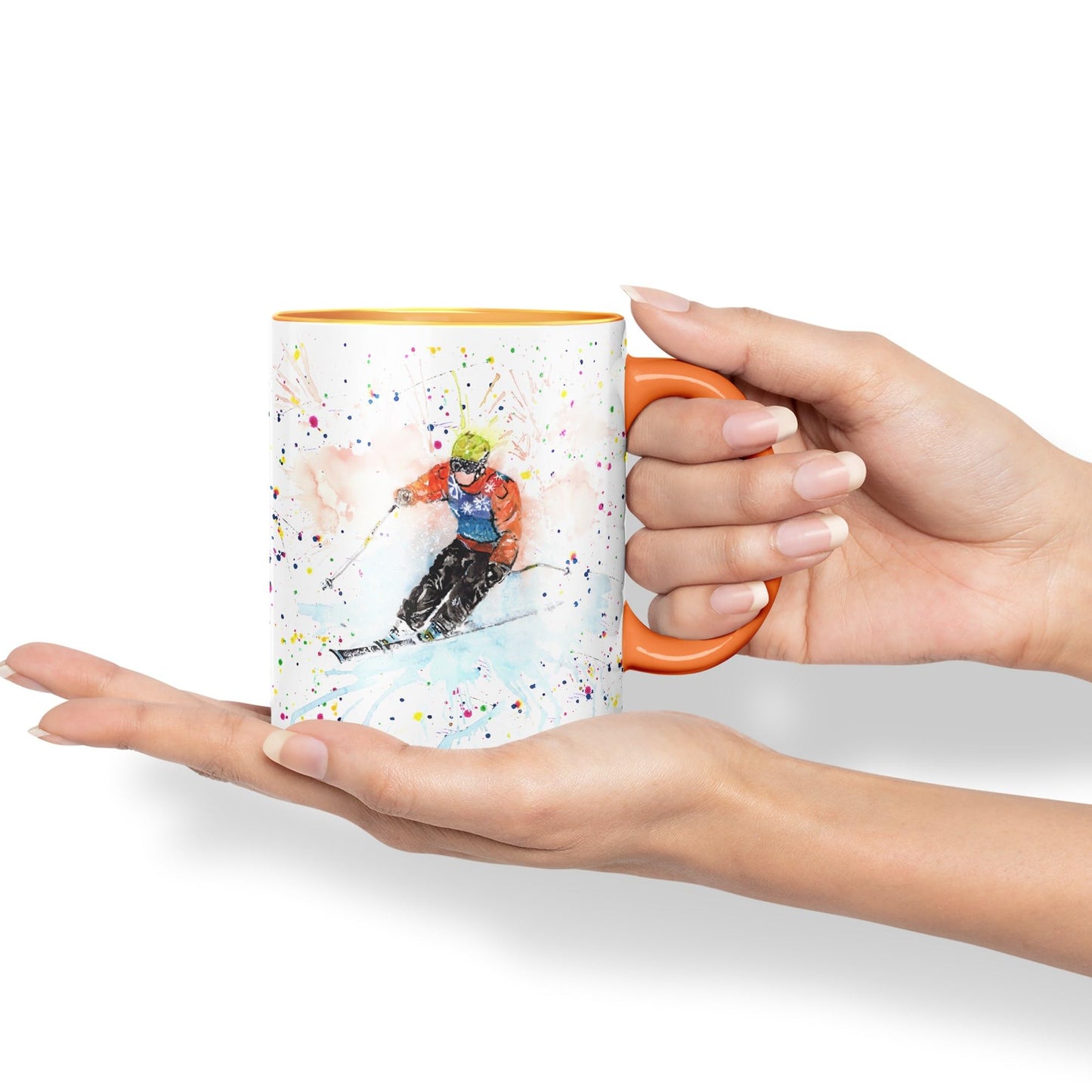 Skiing Ski winter sport watercolour Ceramic Coloured Mug Cup for Tea Coffee Hot brew 330ml 11Oz Gift
