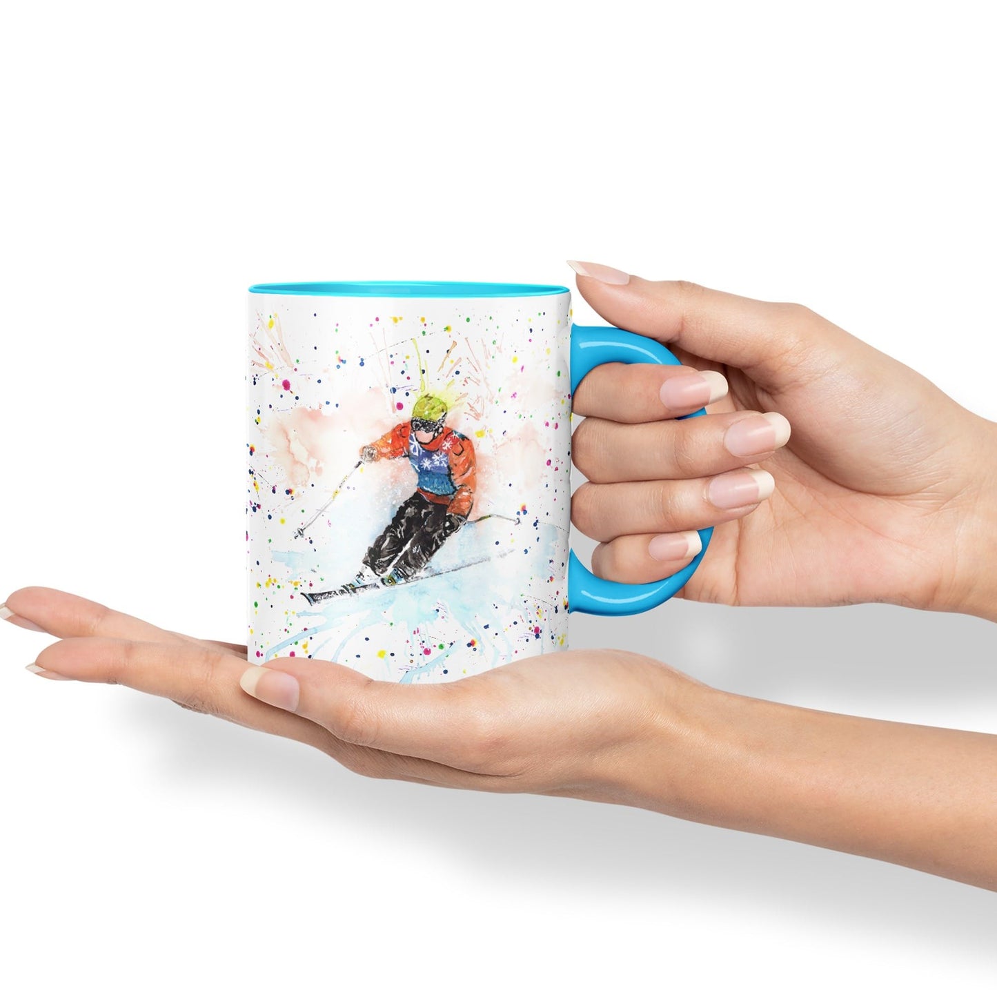 Skiing Ski winter sport watercolour Ceramic Coloured Mug Cup for Tea Coffee Hot brew 330ml 11Oz Gift