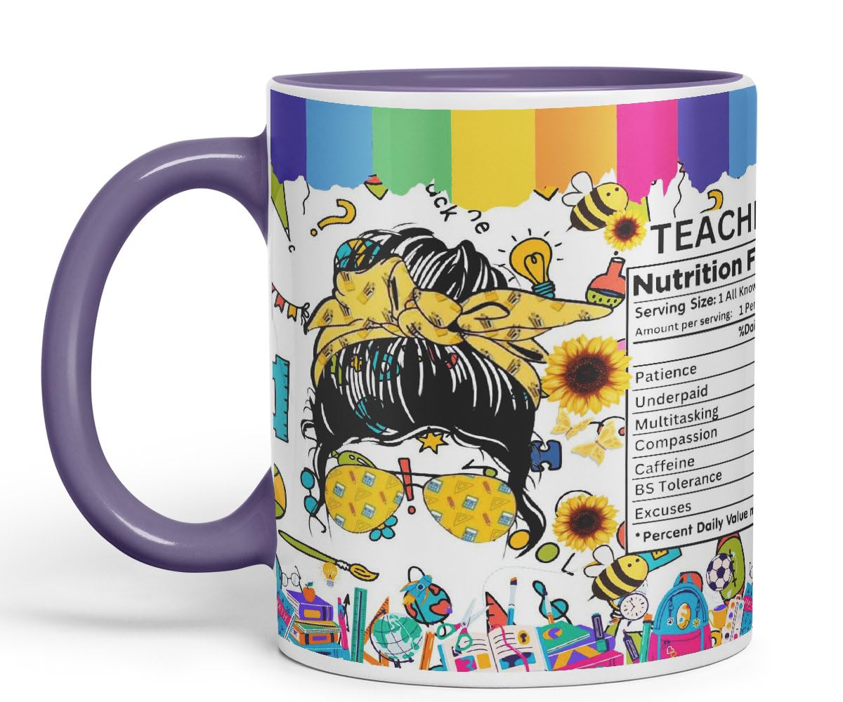 Vixar Teacher Nutrition Facts #teacherlife Mug Thank You, End of School Gift Ceramic Coloured Mug Cup for Tea Coffee Hot Brew 330ml 11Oz Gift TF2