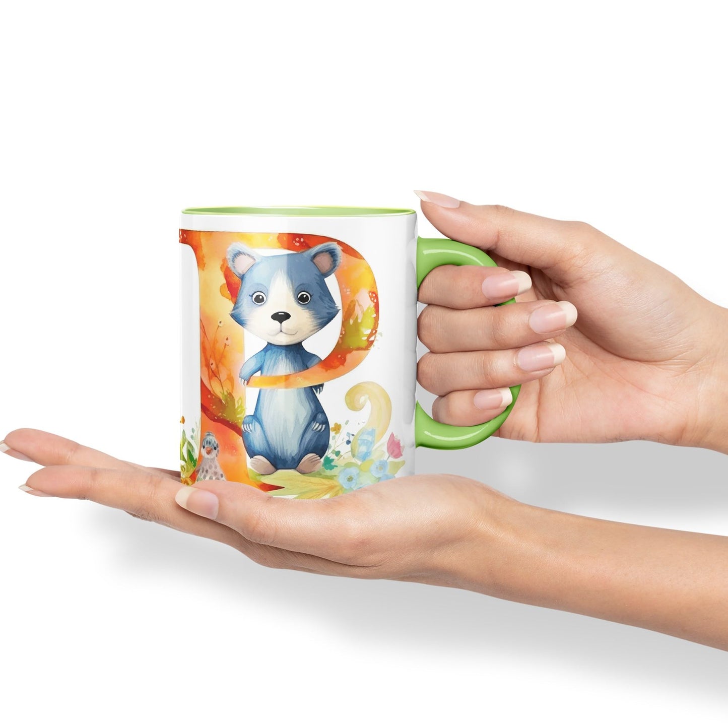 Letter P mug, Animals Alphabet Letter P Monogram animal for kids Ceramic Coloured Mug Cup for Tea Coffee Hot brew 330ml 11Oz Gift