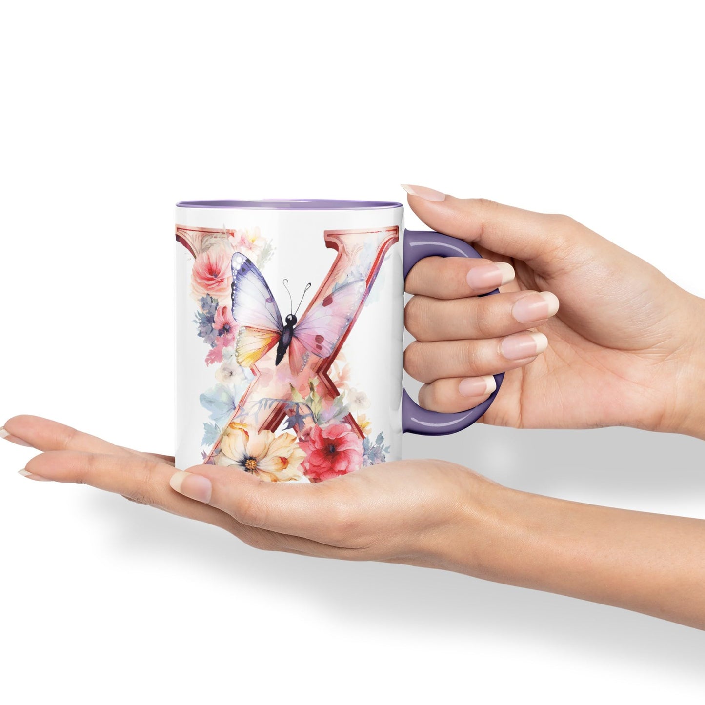 Letter X mug, Floral flowers butterfly Alphabet Letter X Monogram watercolour Ceramic Coloured Mug Cup for Tea Coffee Hot brew 330ml 11Oz Gift
