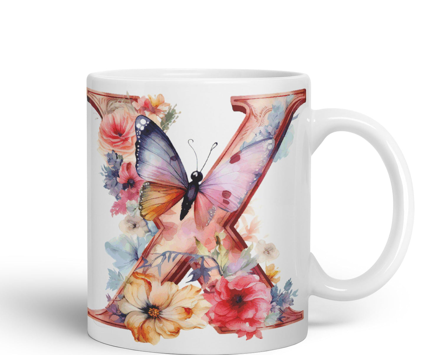 Letter X mug, Floral flowers butterfly Alphabet Letter X Monogram watercolour Ceramic Coloured Mug Cup for Tea Coffee Hot brew 330ml 11Oz Gift