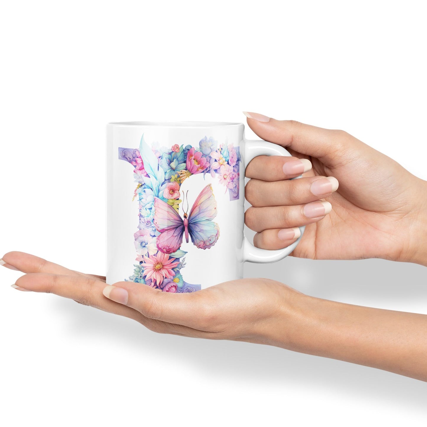 Letter F mug, Floral flowers butterfly Alphabet Letter F Monogram watercolour Ceramic Coloured Mug Cup for Tea Coffee Hot brew 330ml 11Oz Gift