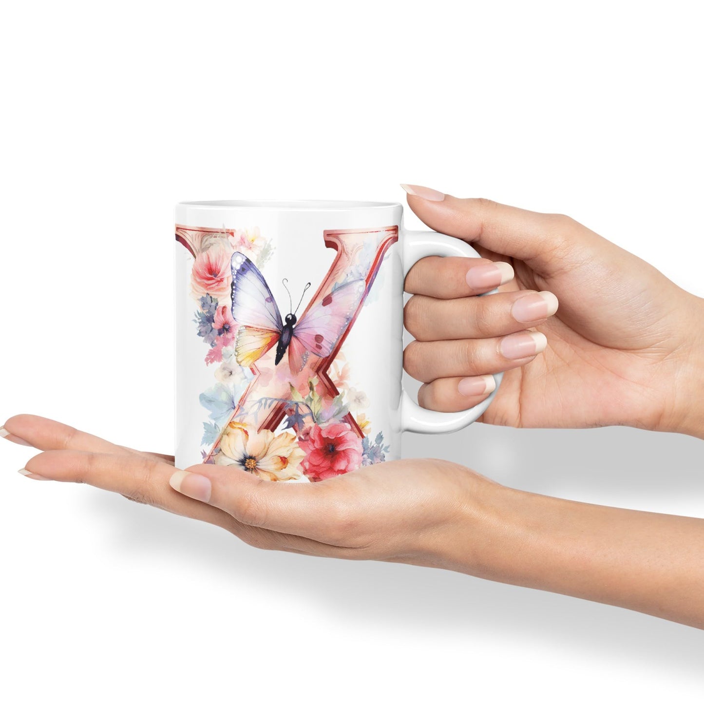 Letter X mug, Floral flowers butterfly Alphabet Letter X Monogram watercolour Ceramic Coloured Mug Cup for Tea Coffee Hot brew 330ml 11Oz Gift