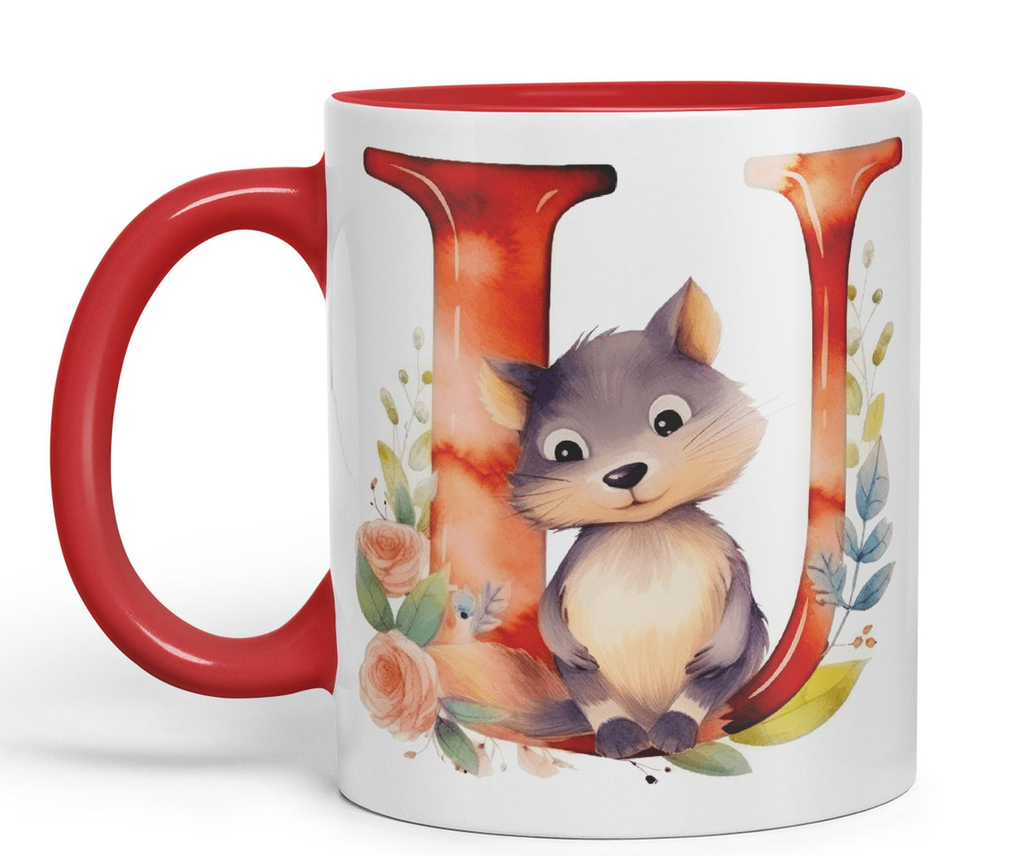 Letter U mug, Animals Alphabet Letter U Monogram animal for kids Ceramic Coloured Mug Cup for Tea Coffee Hot brew 330ml 11Oz Gift