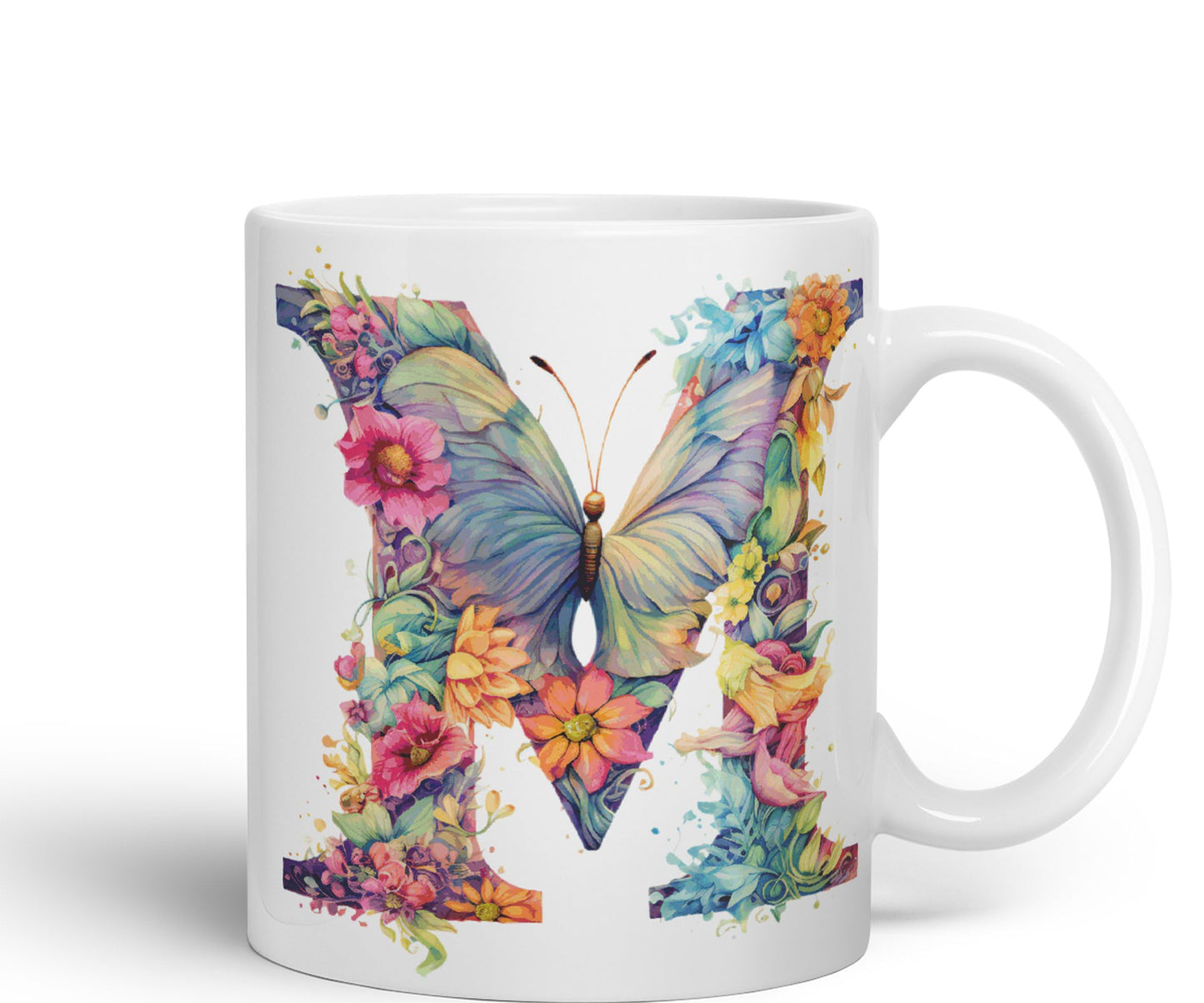 Letter M mug, Floral flowers butterfly Alphabet Letter M Monogram watercolour Ceramic Coloured Mug Cup for Tea Coffee Hot brew 330ml 11Oz Gift