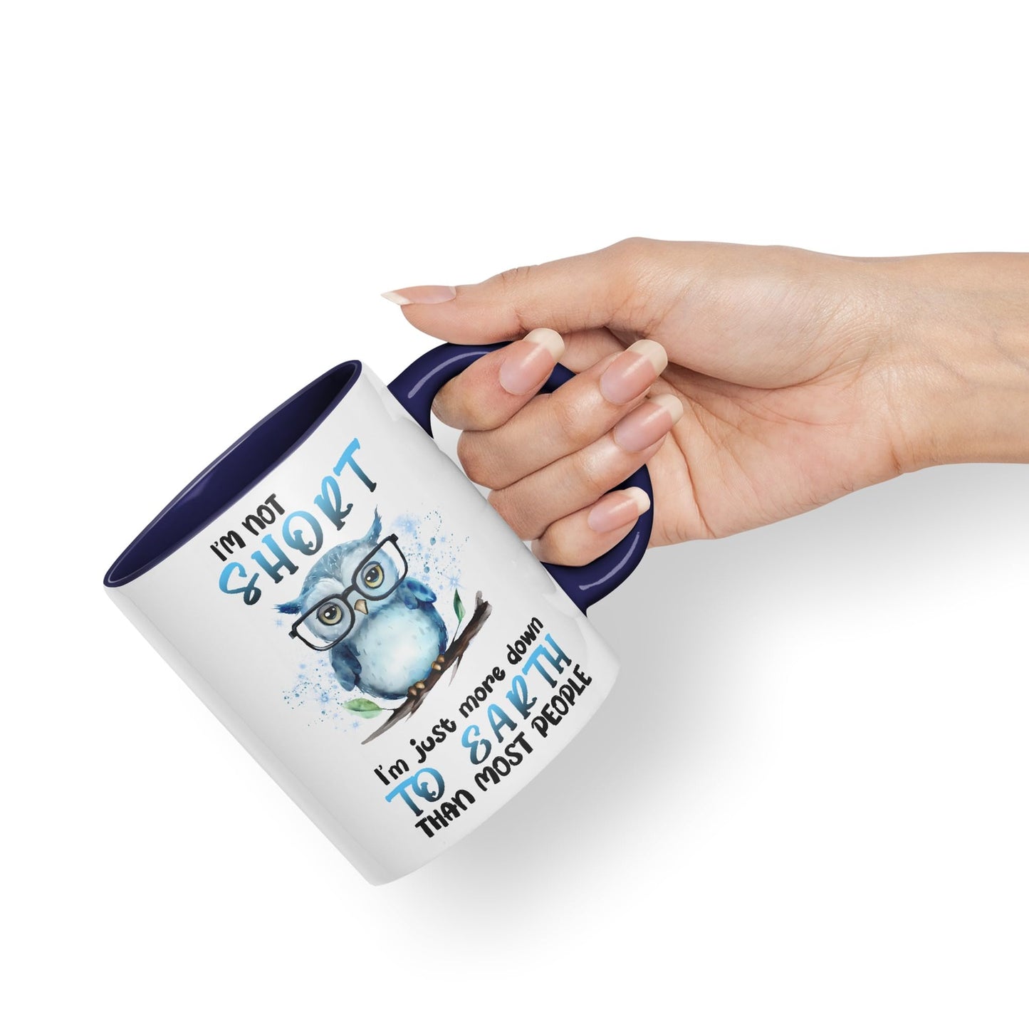 Vixar I'm Not Short, I'm just More Down to Earth Than Most People, owl Sarcastic Joke Ceramic Coloured Mug Cup for Tea Coffee Hot Brew 330ml 11Oz
