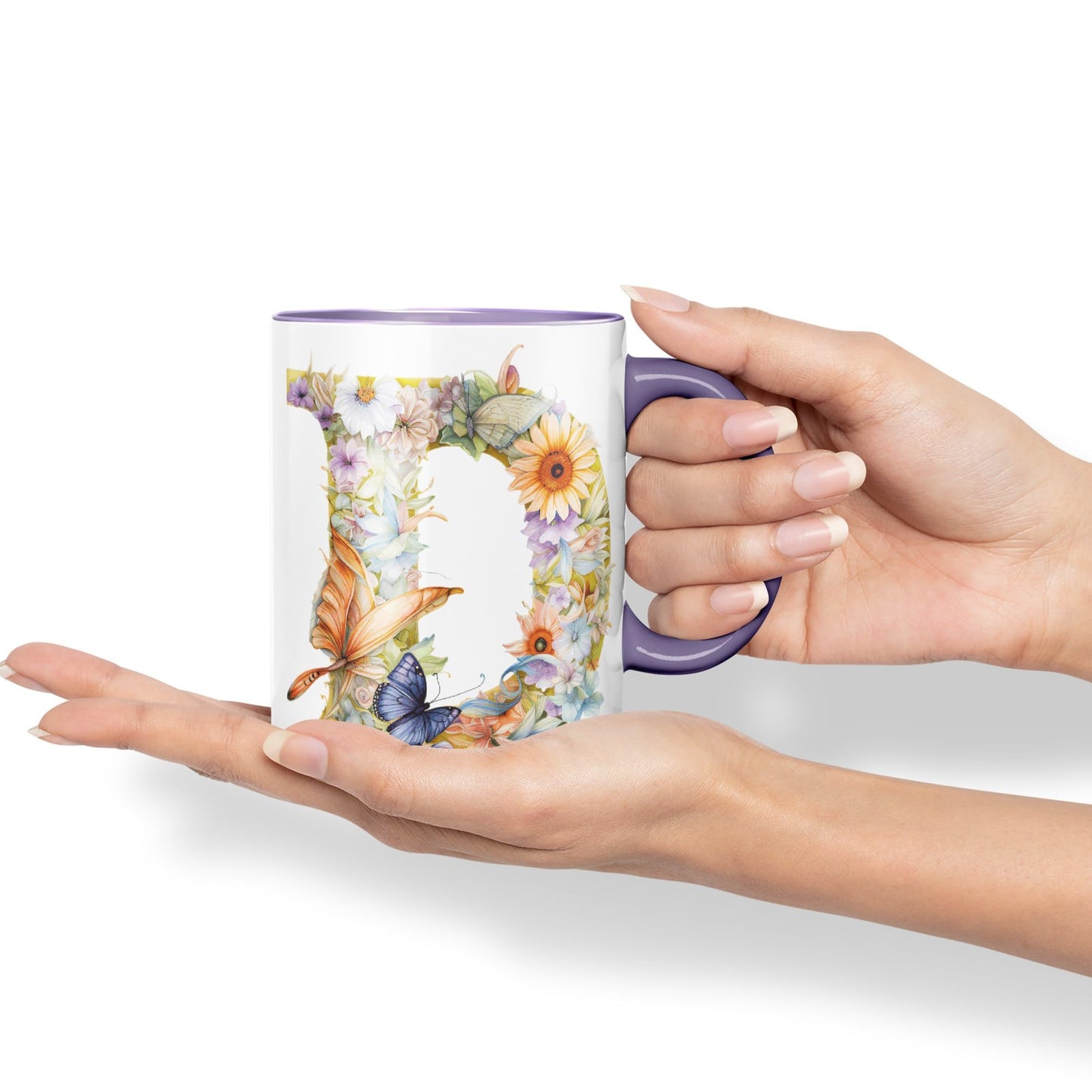 Letter D mug, Floral flowers butterfly Alphabet Letter D Monogram watercolour Ceramic Coloured Mug Cup for Tea Coffee Hot brew 330ml 11Oz Gift