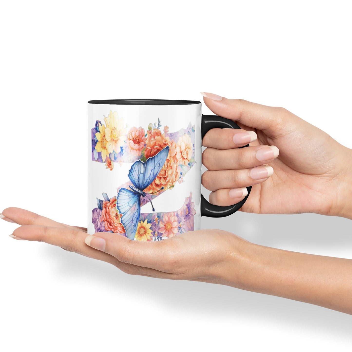 Letter Z mug, Floral flowers butterfly Alphabet Letter Z Monogram watercolour Ceramic Coloured Mug Cup for Tea Coffee Hot brew 330ml 11Oz Gift
