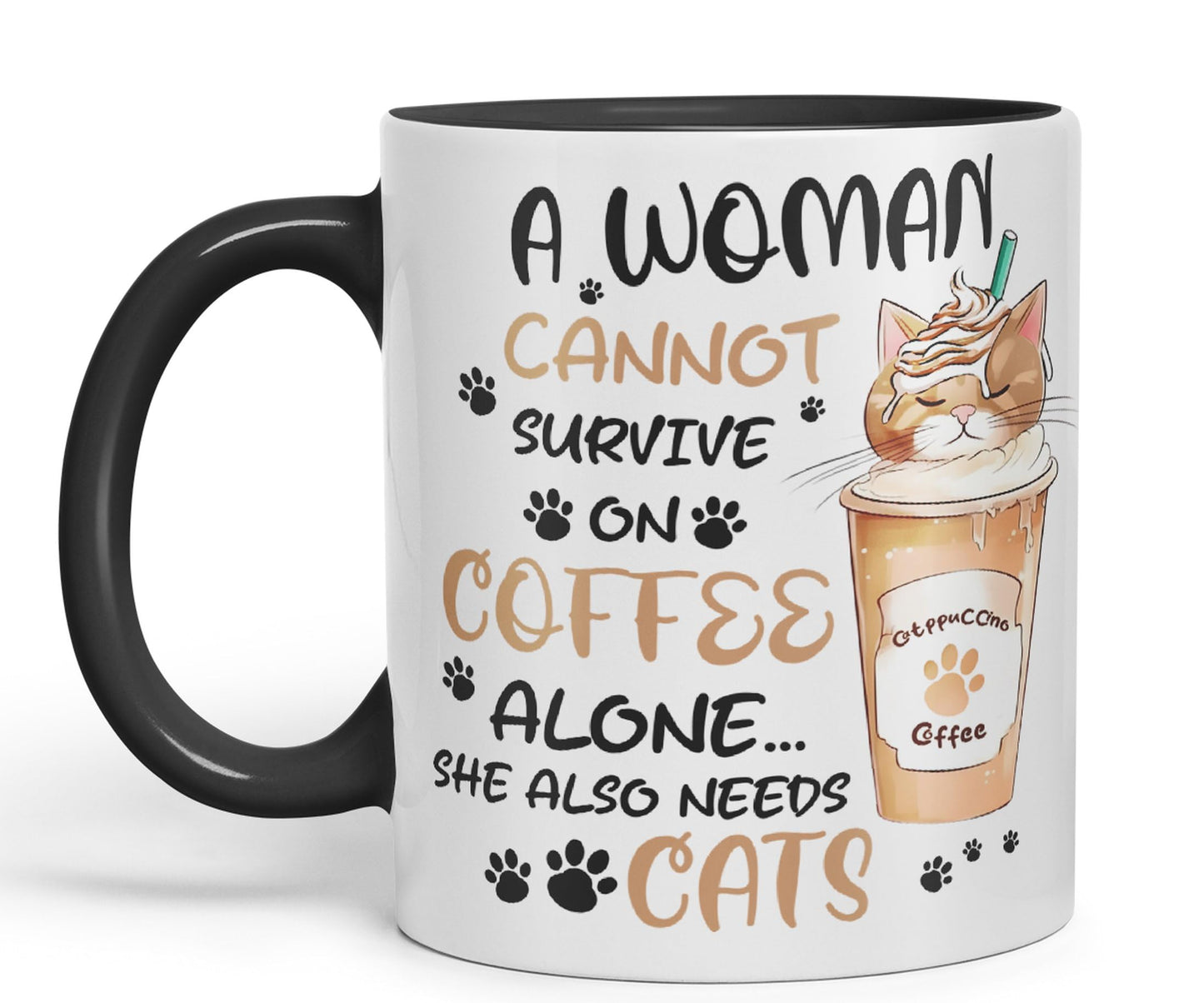 Vixar A Woman Cannot Survive on Coffee Cats Sarcastic Joke Ceramic Coloured Mug Cup for Tea Coffee Hot Brew 330ml 11Oz