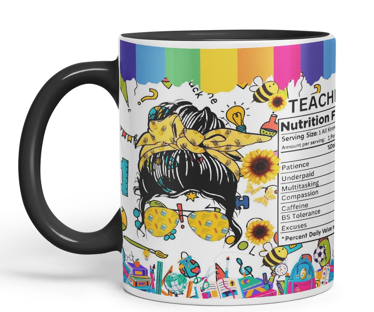 Vixar Teacher Nutrition Facts #teacherlife Mug Thank You, End of School Gift Ceramic Coloured Mug Cup for Tea Coffee Hot Brew 330ml 11Oz Gift TF2
