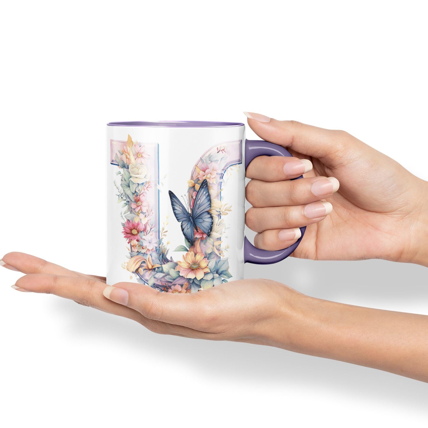 Letter U mug, Floral flowers butterfly Alphabet Letter U Monogram watercolour Ceramic Coloured Mug Cup for Tea Coffee Hot brew 330ml 11Oz Gift