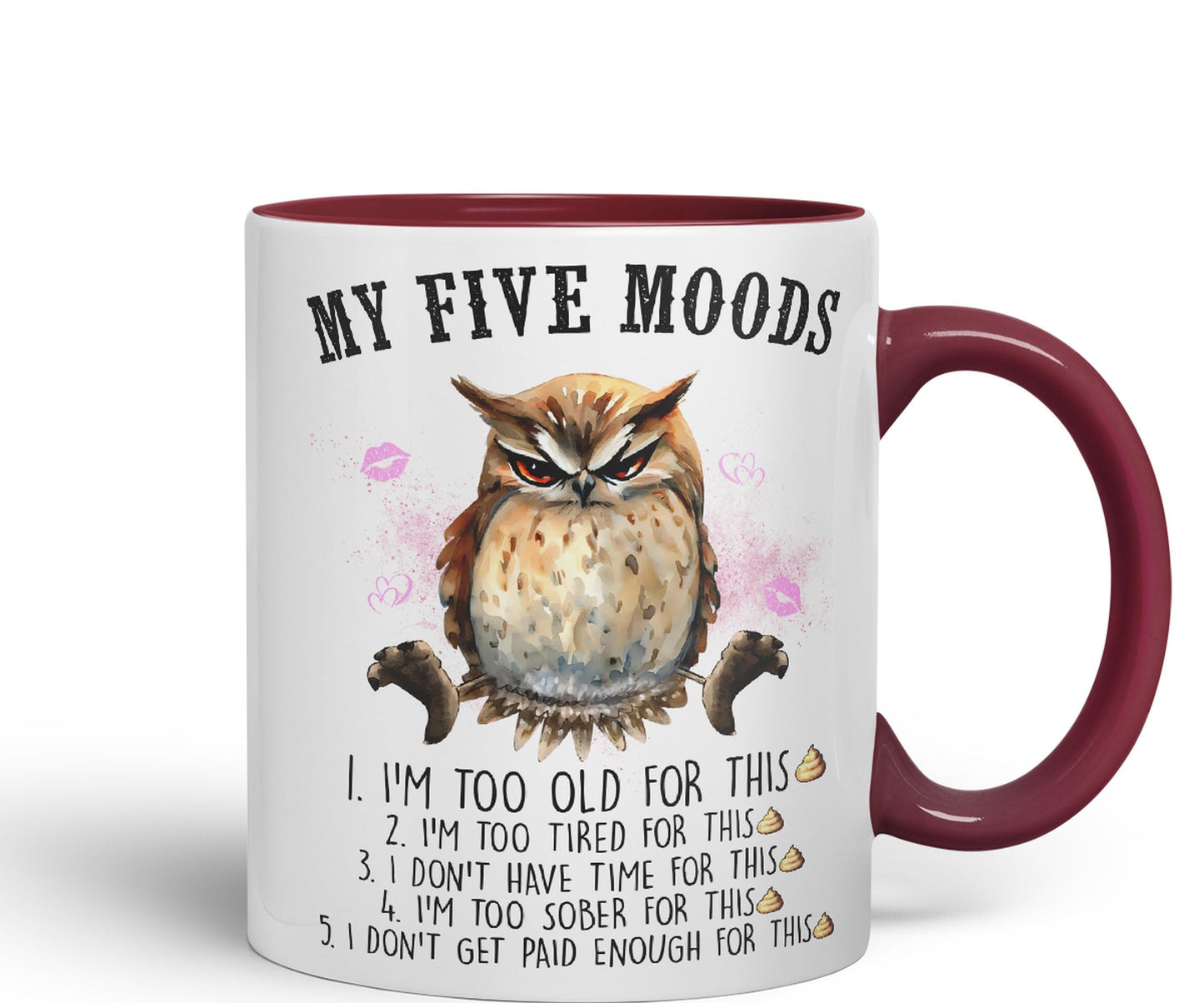 My Five Moods owl Sarcastic Joke Ceramic Coloured Mug Cup for Tea Coffee Hot Brew 330ml 11Oz