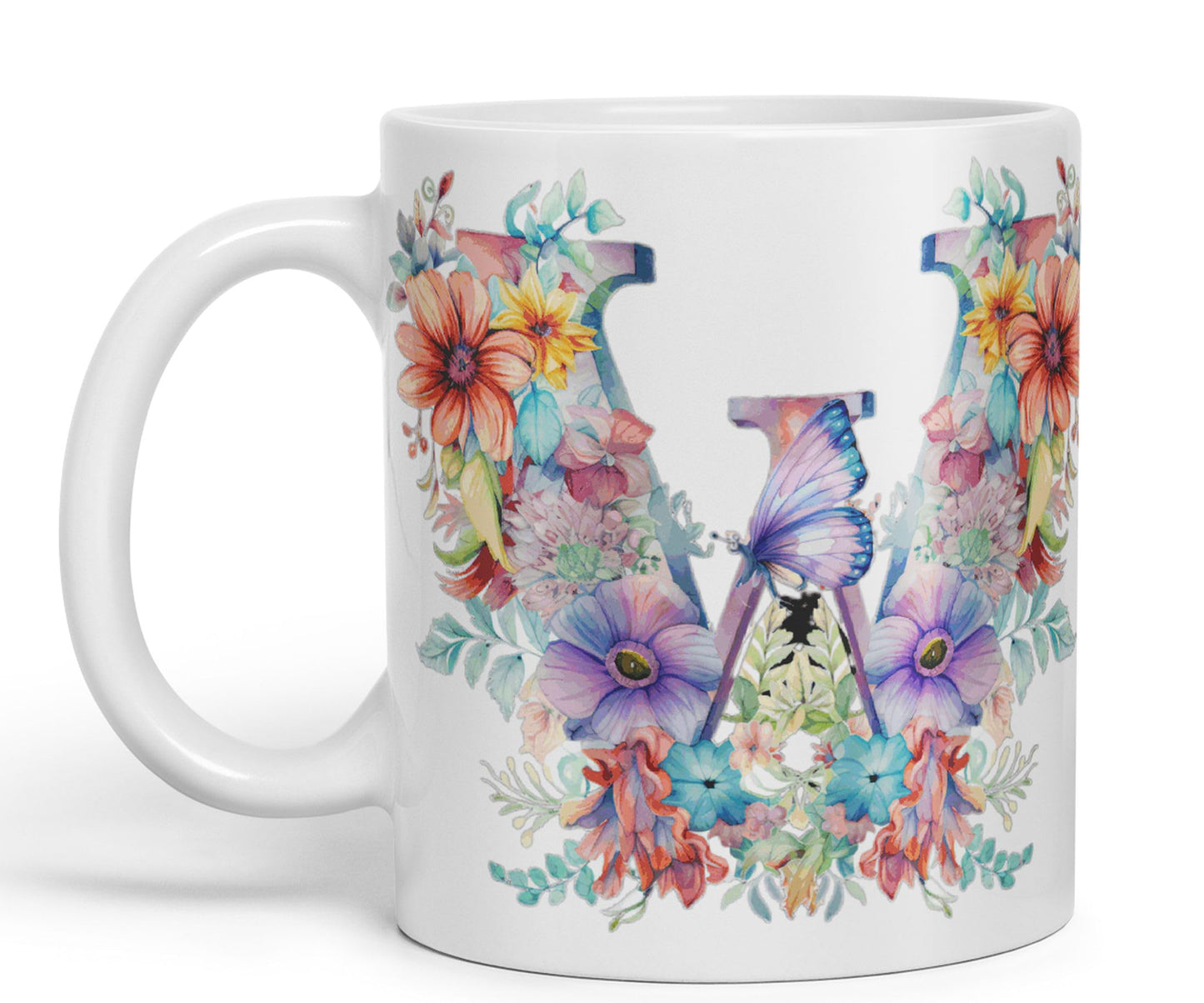 Letter W mug, Floral flowers butterfly Alphabet Letter W Monogram watercolour Ceramic Coloured Mug Cup for Tea Coffee Hot brew 330ml 11Oz