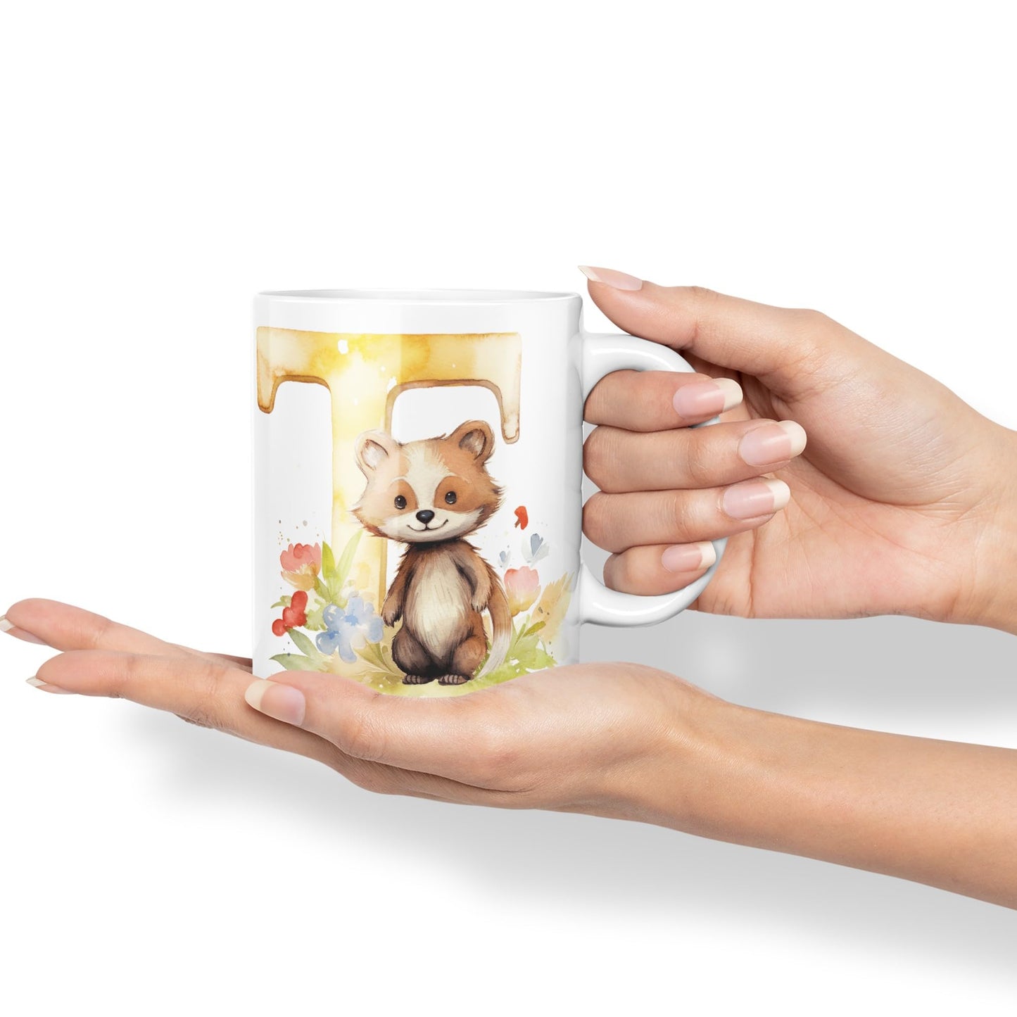 Letter T mug, Animals Alphabet Letter T Monogram animal for kids Ceramic Coloured Mug Cup for Tea Coffee Hot brew 330ml 11Oz Gift