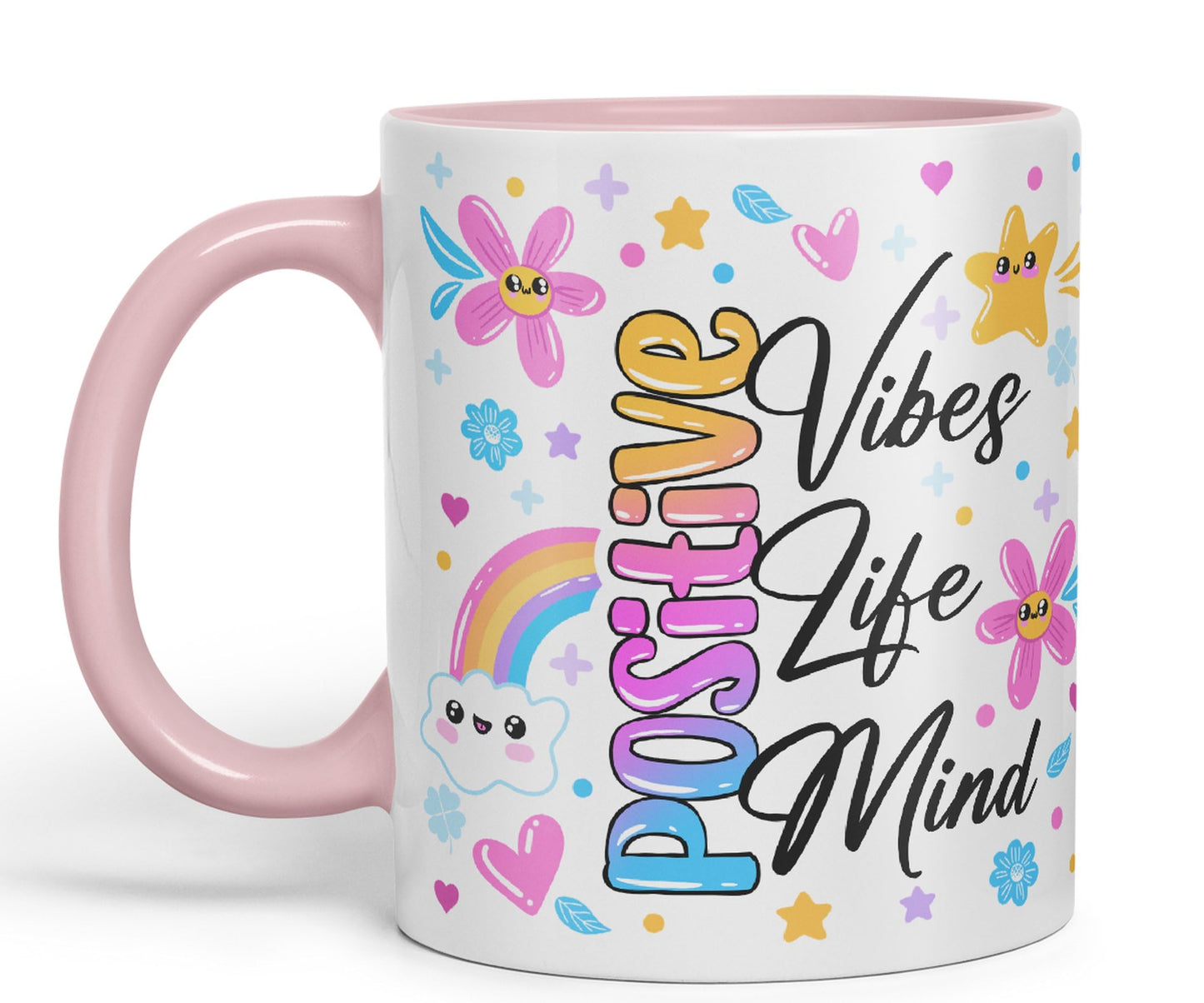 Positive Vibes Life Mind Presents Coloured Ceramic Mug Cup Gift 330ml 11oz Work Office Tea Coffee Gift