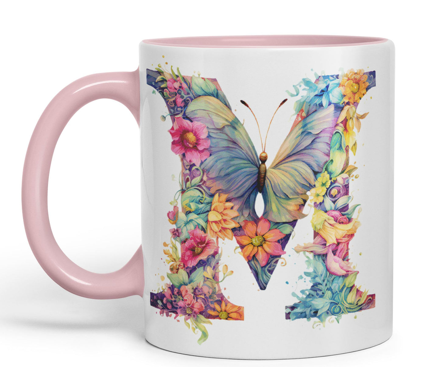 Letter M mug, Floral flowers butterfly Alphabet Letter M Monogram watercolour Ceramic Coloured Mug Cup for Tea Coffee Hot brew 330ml 11Oz Gift