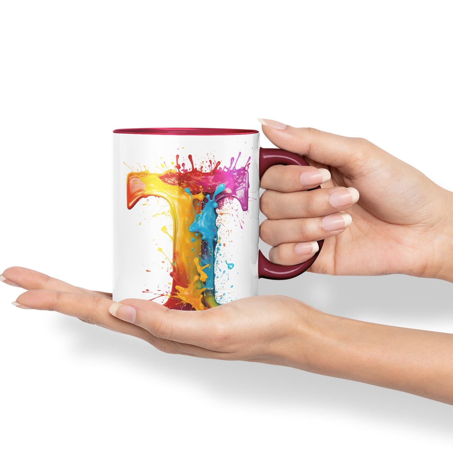 Letter T mug, Alphabet Letter T Monogram watercolour Ceramic Coloured Mug Cup for Tea Coffee Hot brew 330ml 11Oz Gift