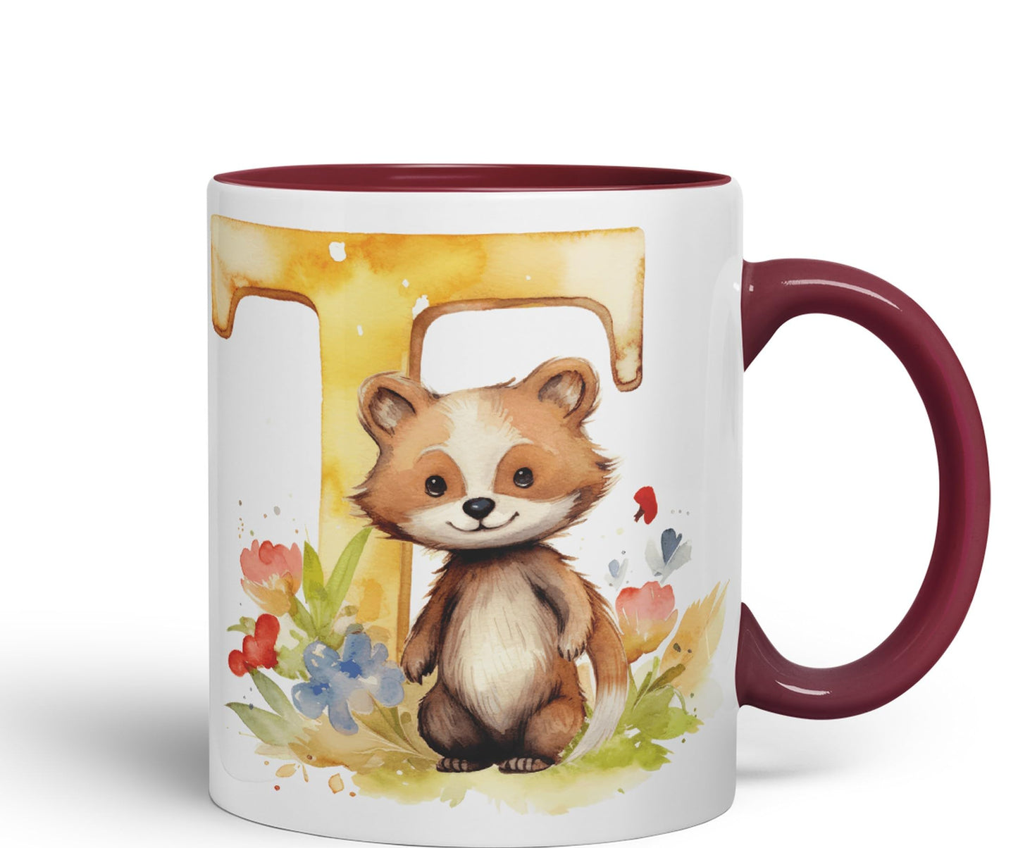 Letter T mug, Animals Alphabet Letter T Monogram animal for kids Ceramic Coloured Mug Cup for Tea Coffee Hot brew 330ml 11Oz Gift