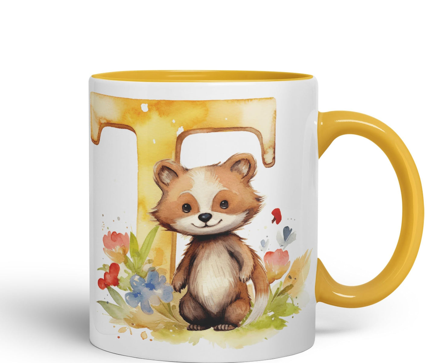 Letter T mug, Animals Alphabet Letter T Monogram animal for kids Ceramic Coloured Mug Cup for Tea Coffee Hot brew 330ml 11Oz Gift